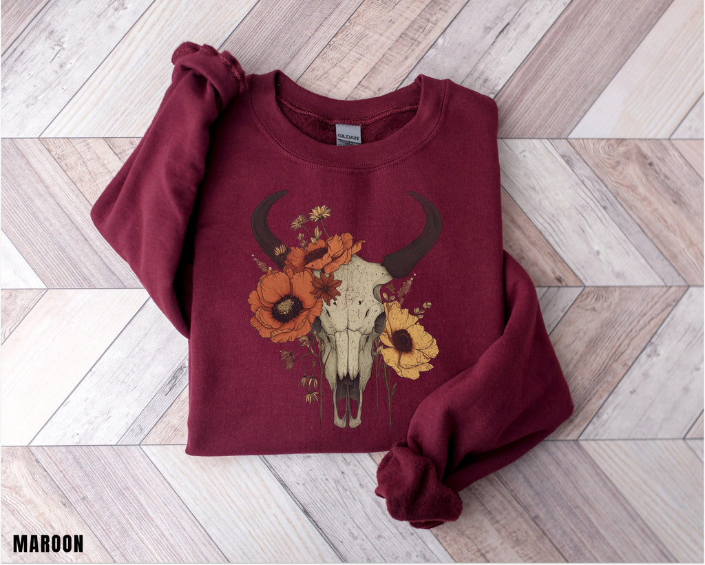 Boho Cow Skull Sweatshirt, Longhorn Shirt, Wild West Shirt, Outdoor Sweatshirt, Wild West Sweatshirt, Cowboy Shirt, Country Music Shirt,