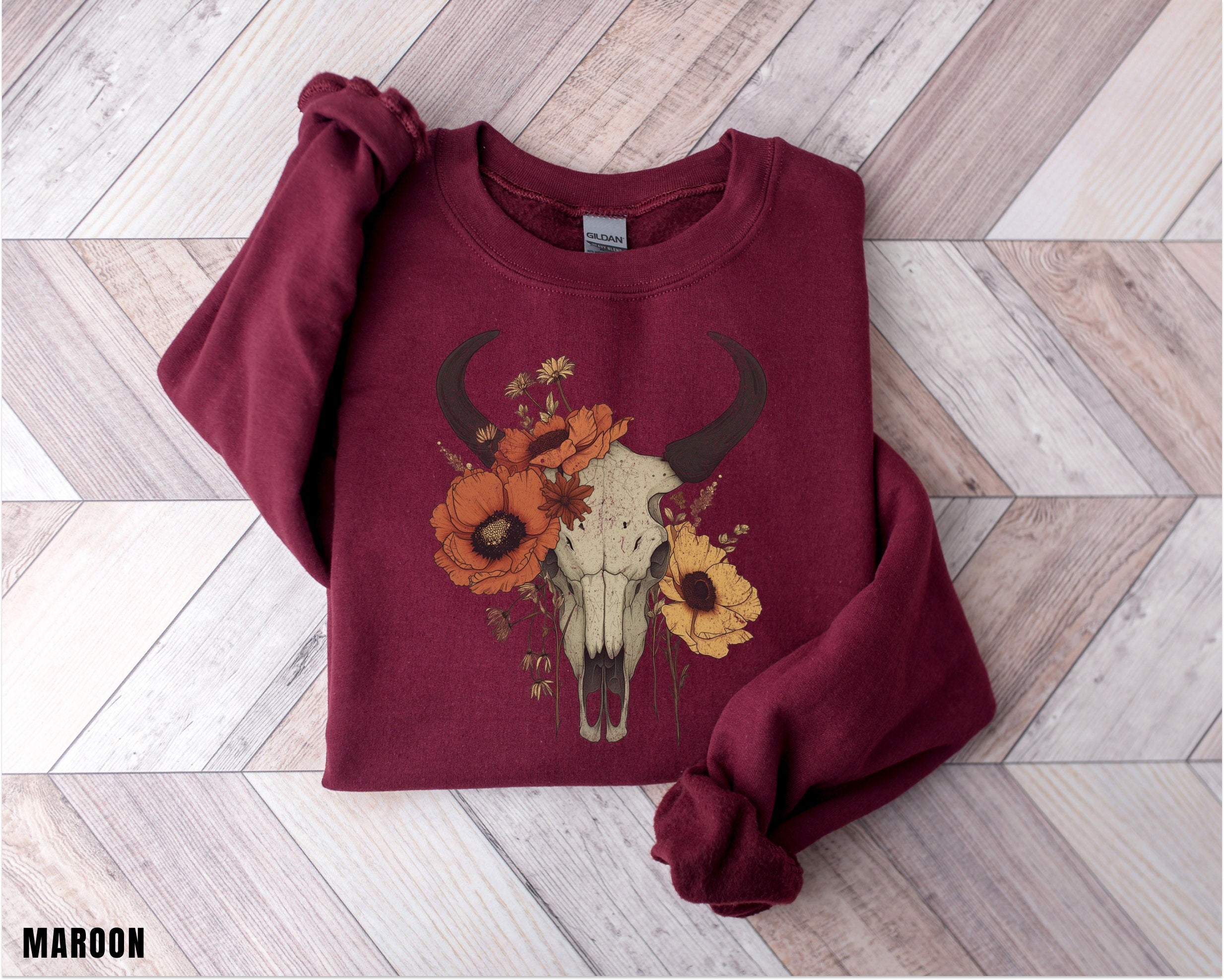 Boho Cow Skull Sweatshirt, Longhorn Shirt, Wild West Shirt, Outdoor Sweatshirt, Wild West Sweatshirt, Cowboy Shirt, Country Music Shirt,