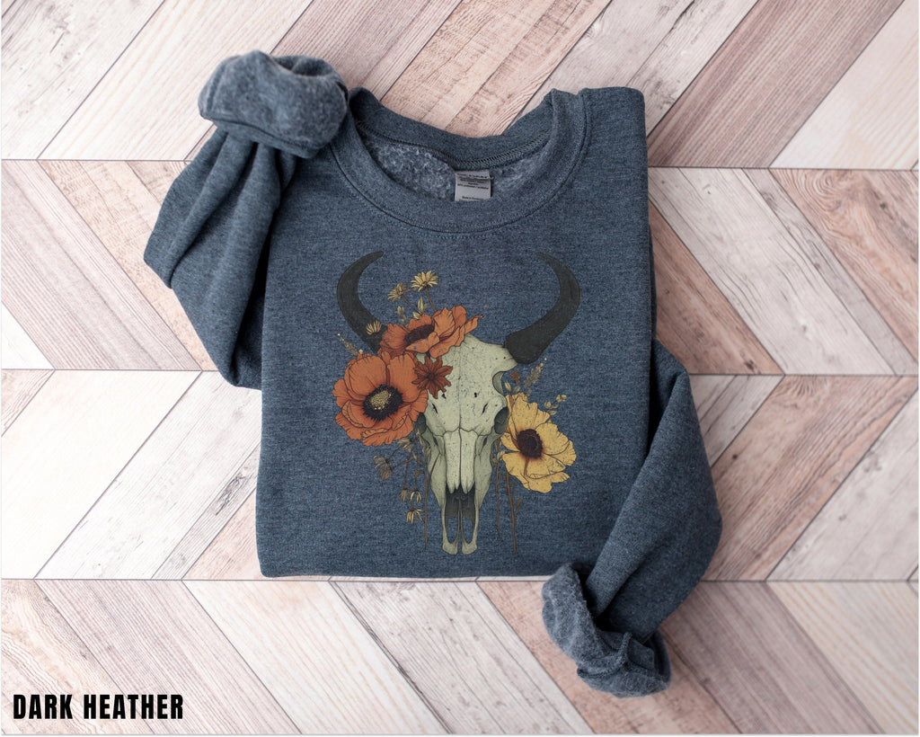 Boho Cow Skull Sweatshirt, Longhorn Shirt, Wild West Shirt, Outdoor Sweatshirt, Wild West Sweatshirt, Cowboy Shirt, Country Music Shirt,