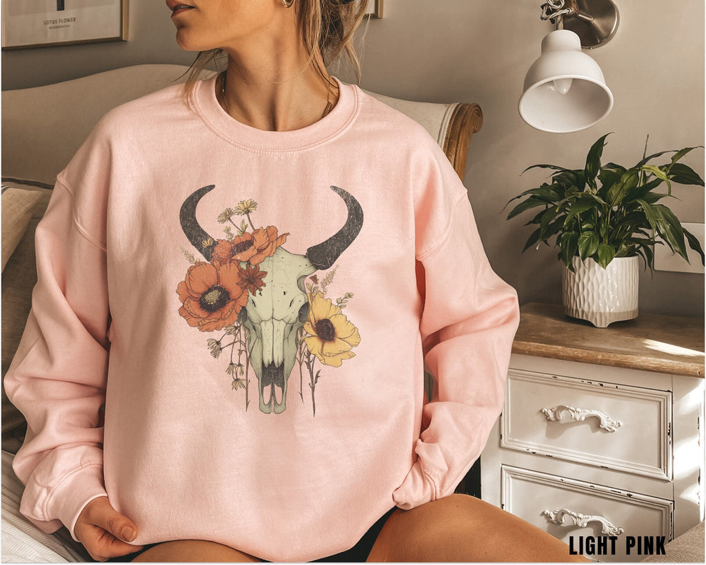 Boho Cow Skull Sweatshirt, Longhorn Shirt, Wild West Shirt, Outdoor Sweatshirt, Wild West Sweatshirt, Cowboy Shirt, Country Music Shirt,