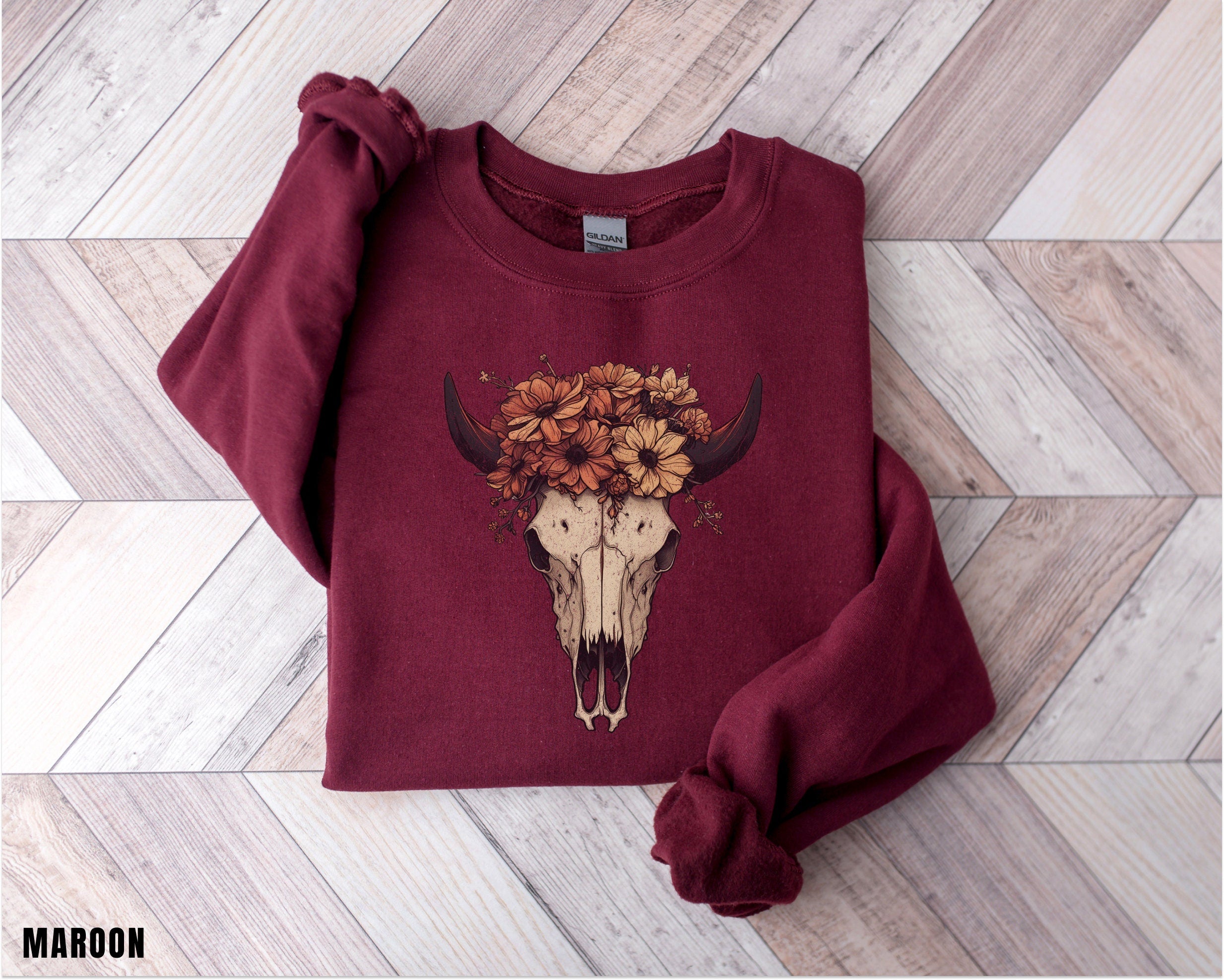 Boho Cow Skull Sweatshirt, Longhorn Shirt, Wild West Shirt, Outdoor Sweatshirt, Wild West Sweatshirt, Cowboy Shirt, Country Music Shirt,