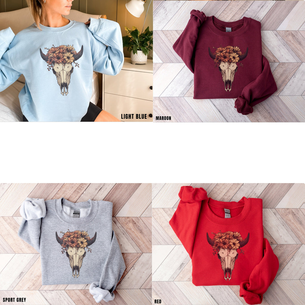 Boho Cow Skull Sweatshirt, Longhorn Shirt, Wild West Shirt, Outdoor Sweatshirt, Wild West Sweatshirt, Cowboy Shirt, Country Music Shirt,