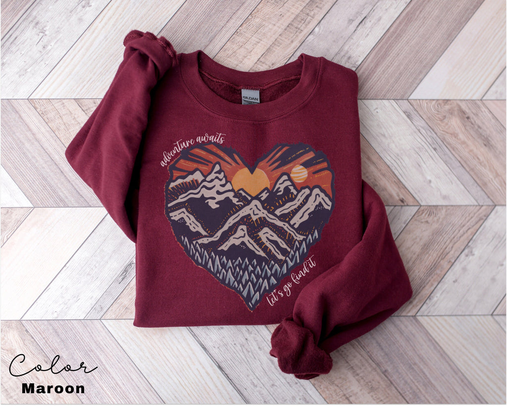 Mountain Heart Sweatshirt, Camping Sweatshirt, Adventure Awaits, Mountain Sweatshirt, Nature Sweatshirt, Sunset Sweatshirt, Hiking Sweater