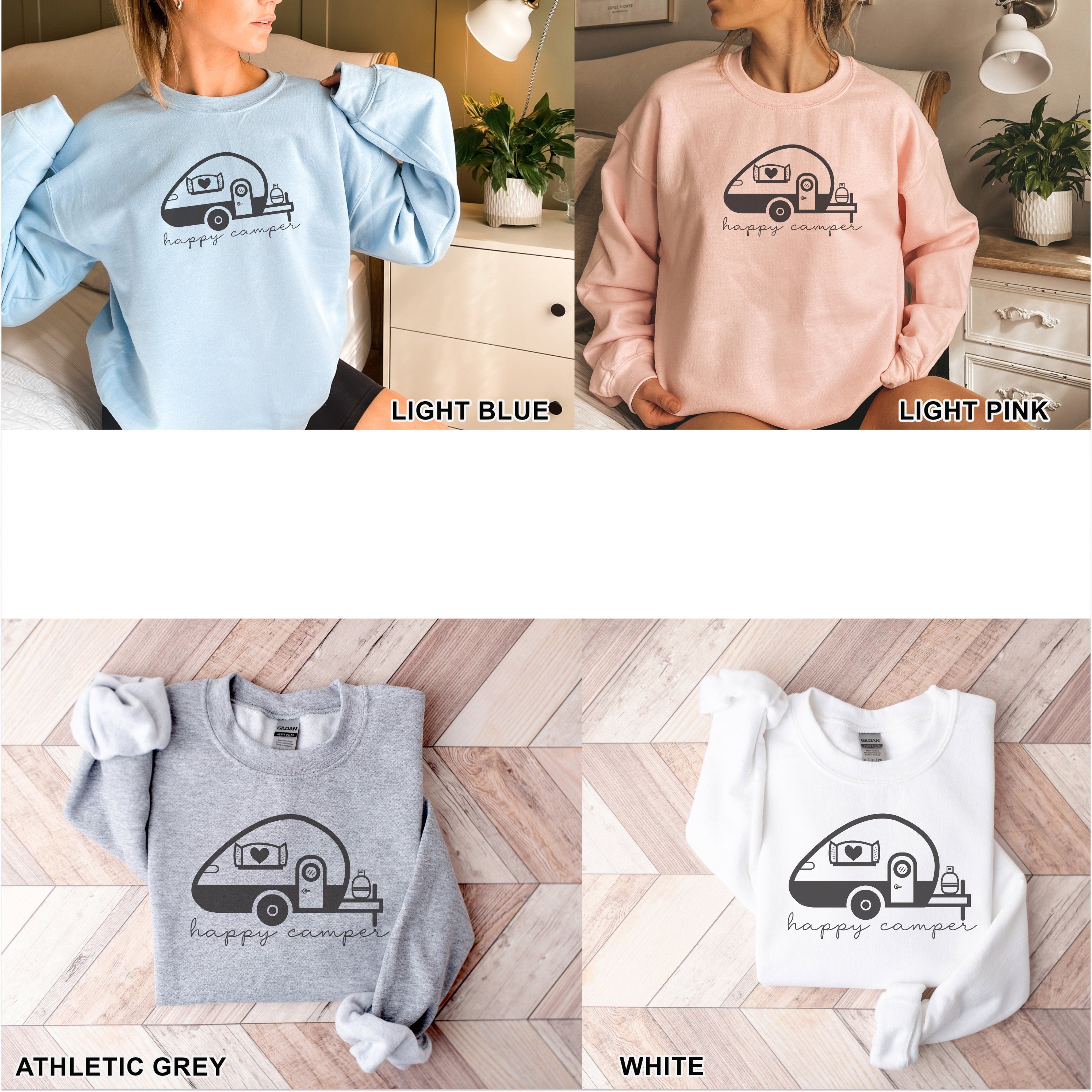 a woman wearing a sweatshirt with a camper on it