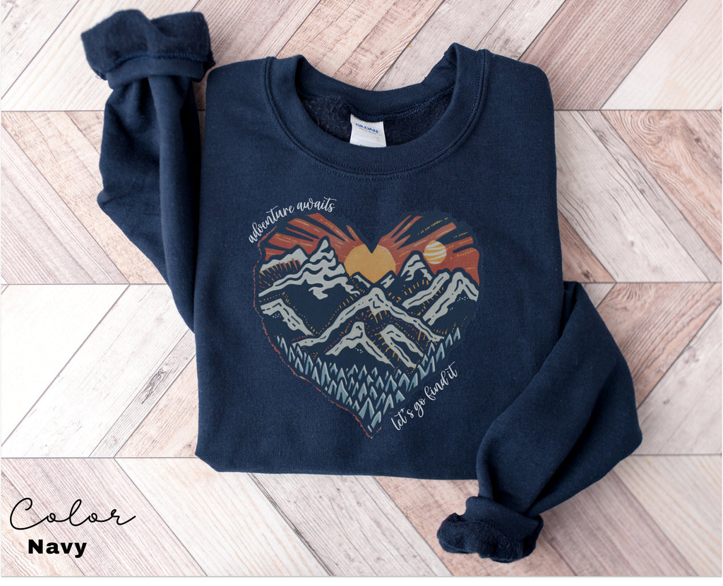 Mountain Heart Sweatshirt, Camping Sweatshirt, Adventure Awaits, Mountain Sweatshirt, Nature Sweatshirt, Sunset Sweatshirt, Hiking Sweater