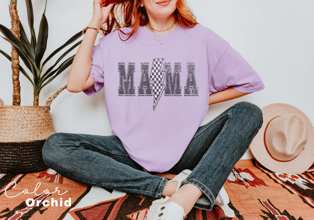 Lightning Bolt Mama Shirt, Retro Mom Tee, Trendy Mama Shirt, Checkered Retro, Shirts for Moms, Comfort Colors Tee, 90s Retro Style,