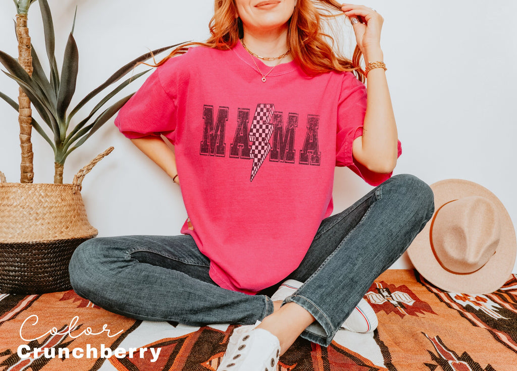 Lightning Bolt Mama Shirt, Retro Mom Tee, Trendy Mama Shirt, Checkered Retro, Shirts for Moms, Comfort Colors Tee, 90s Retro Style,