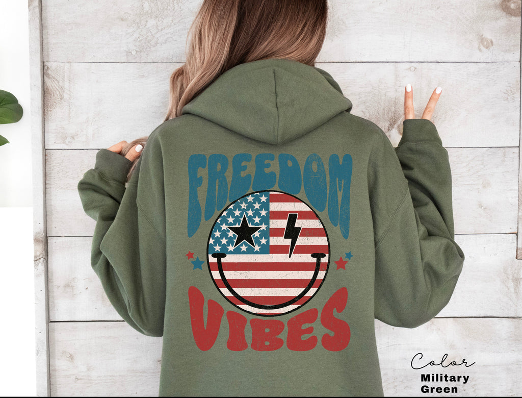 Freedom Vibes Hoodie, Retro USA Patriotic Hoodie, 4th of July Graphic Tee, Star American Graphic Tee,