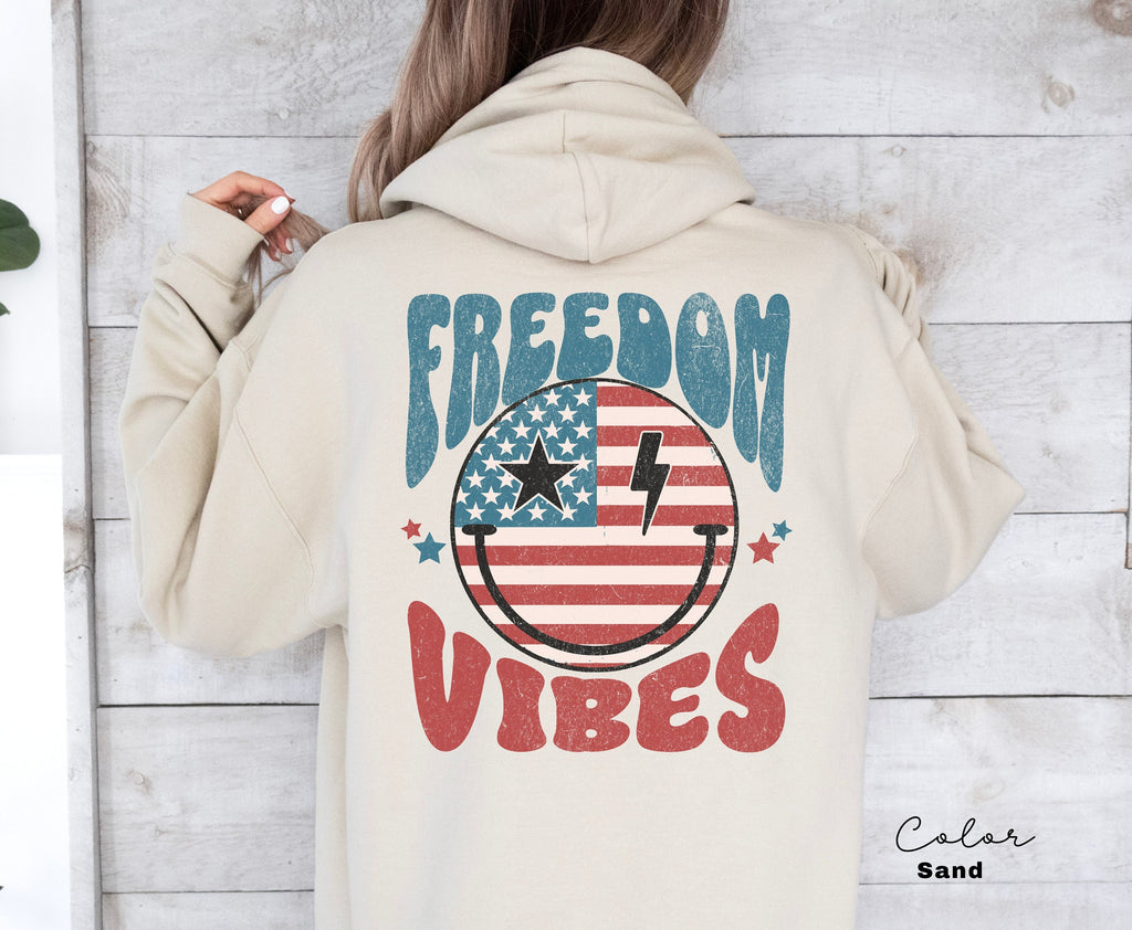Freedom Vibes Hoodie, Retro USA Patriotic Hoodie, 4th of July Graphic Tee, Star American Graphic Tee,