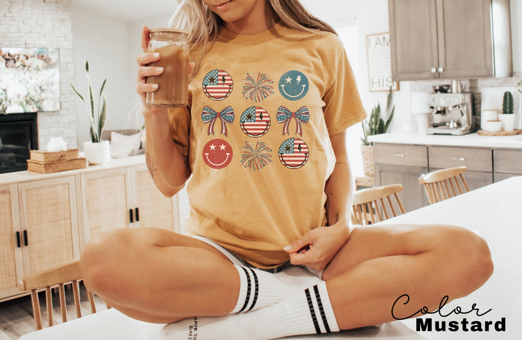 Retro Smiley Flag USA Shirt, Comfort Colors, Fourth of July Tee, 4th of July Smiley Face, Oversized Tshirt, Women Patriotic Shirts, Fourth