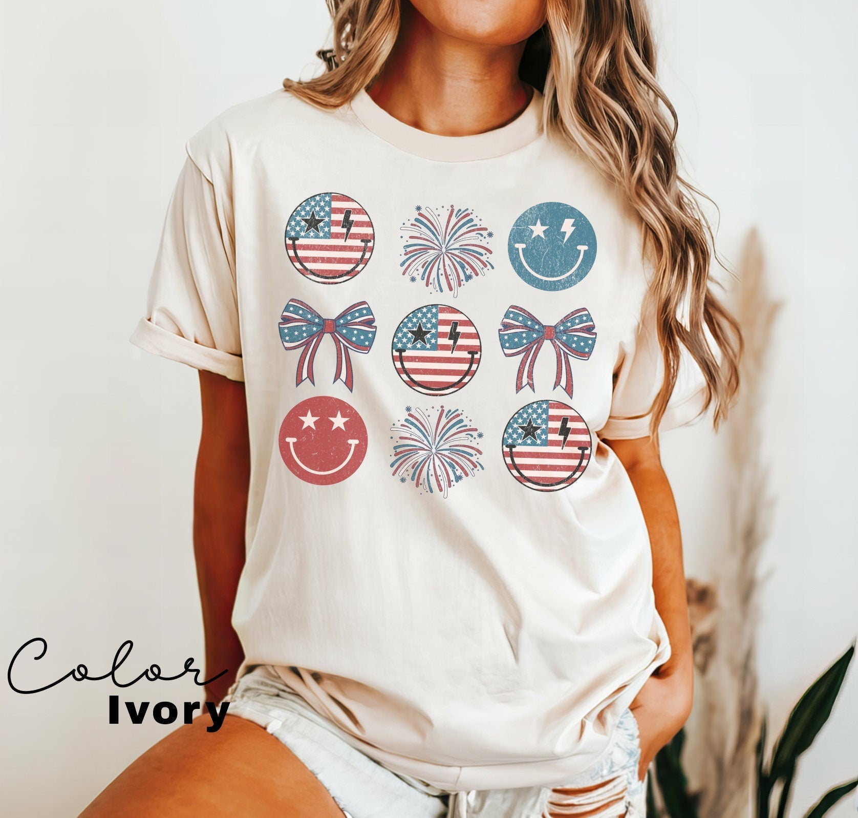 Retro Smiley Flag USA Shirt, Comfort Colors, Fourth of July Tee, 4th of July Smiley Face, Oversized Tshirt, Women Patriotic Shirts, Fourth