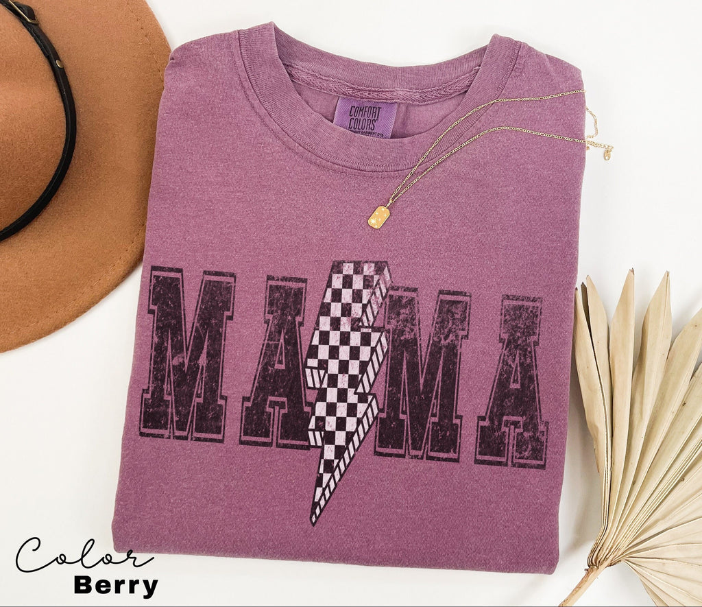 Lightning Bolt Mama Shirt, Retro Mom Tee, Trendy Mama Shirt, Checkered Retro, Shirts for Moms, Comfort Colors Tee, 90s Retro Style,