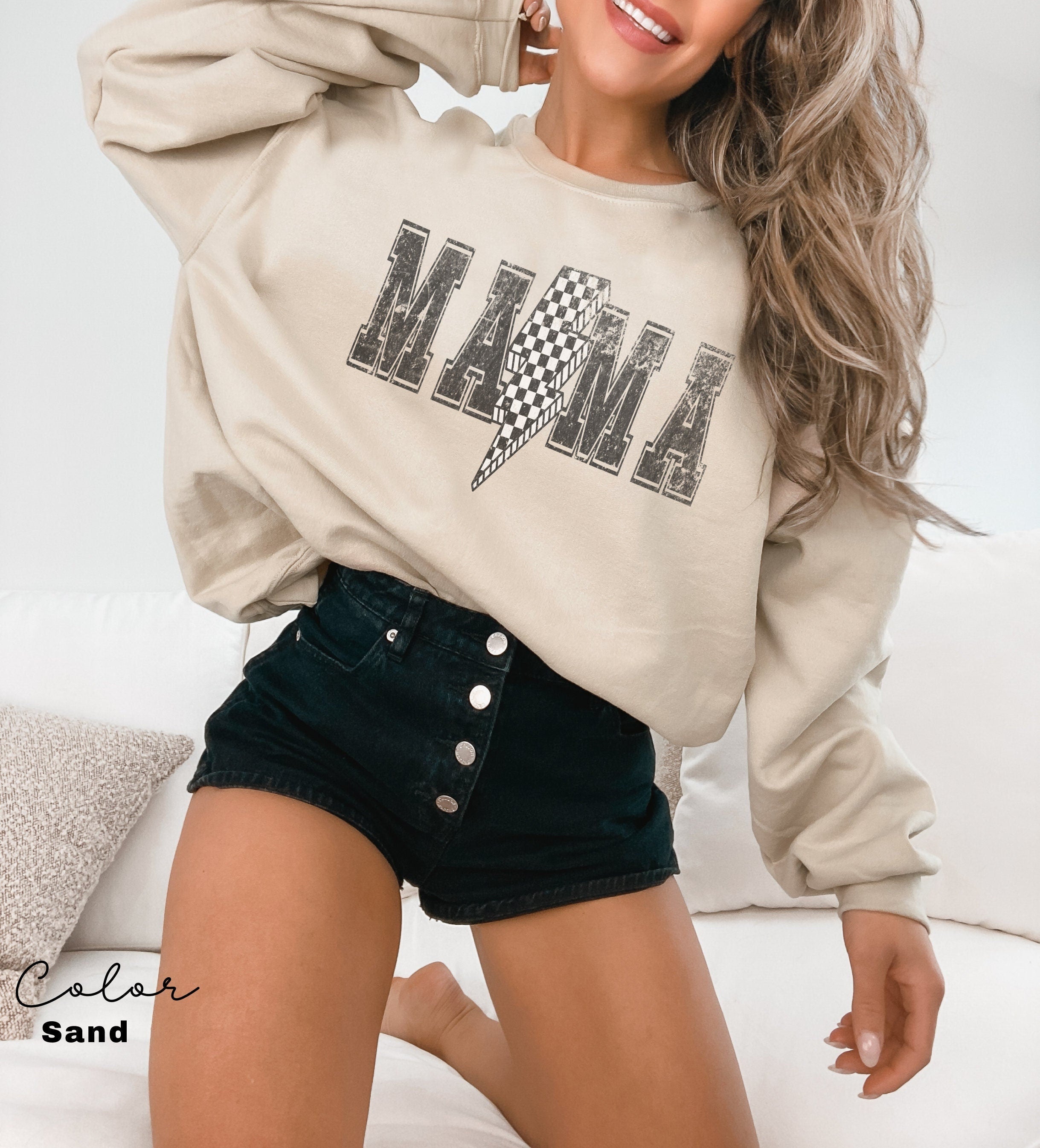 Lightning Bolt Mama Sweatshirt, Retro Mom, Trendy Mama, Checkered Retro Sweatshirt, 90s Retro Style, Vintage Sweatshirt