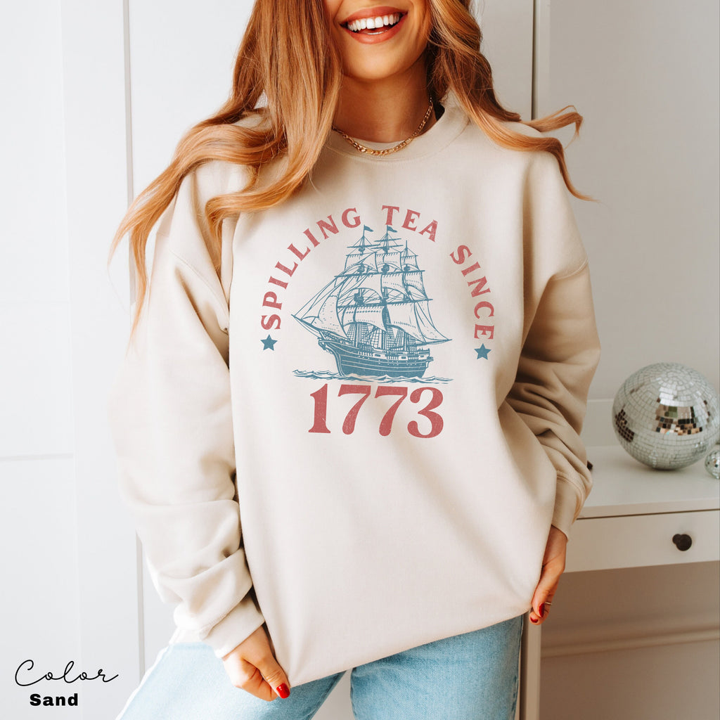 Spilling the Tea Since 1773, 4th of July Sweatshirt, USA Patriotic Sweatshirt, Trendy USA Celebration, Summer Sweatshirt, Retro Patriotic,