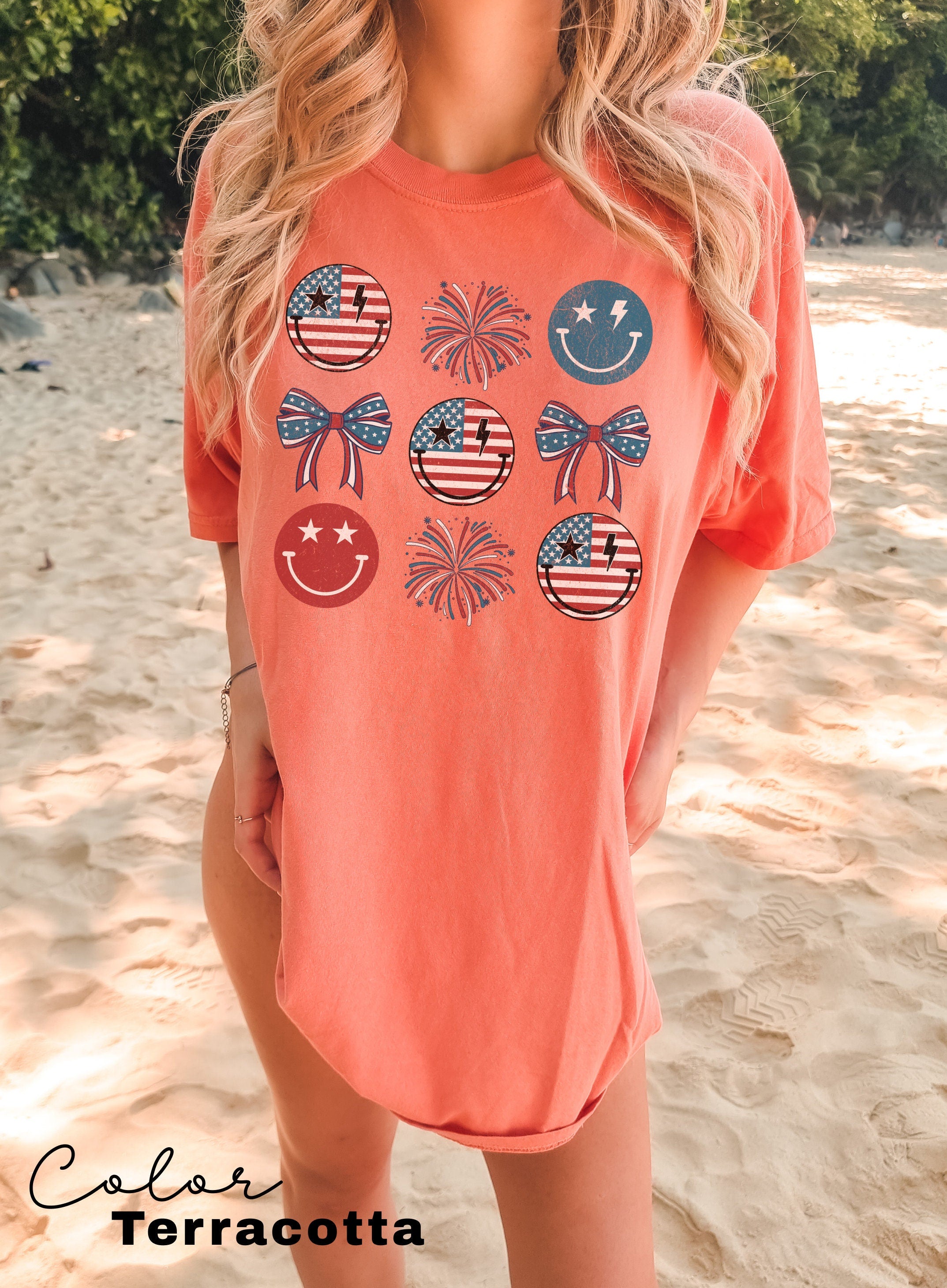 Retro Smiley Flag USA Shirt, Comfort Colors, Fourth of July Tee, 4th of July Smiley Face, Oversized Tshirt, Women Patriotic Shirts, Fourth
