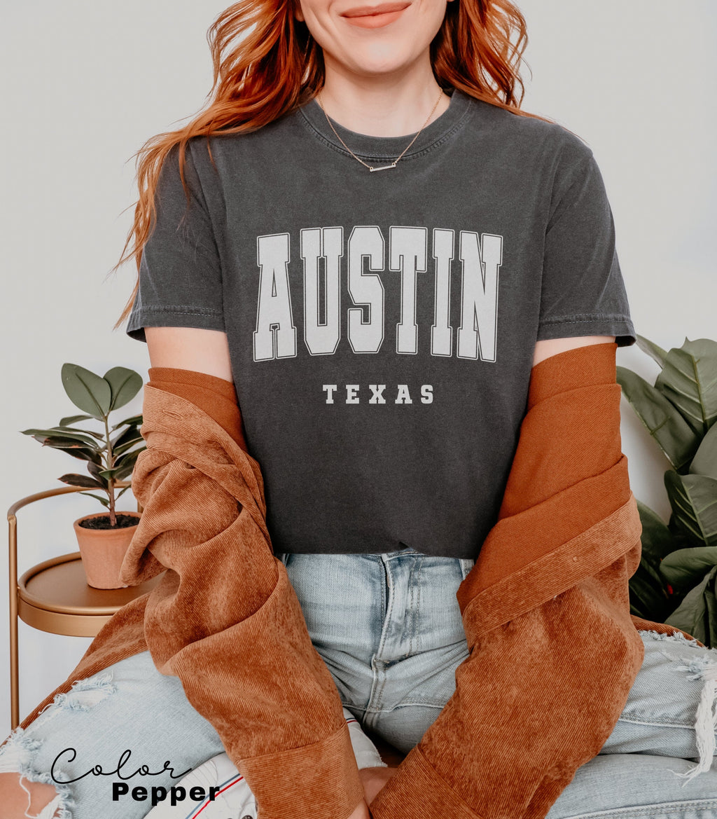 Austin Shirt, Comfort Colors Austin Texas Shirt, Austin Gift Souvenir, Bachelorette Girl's Trip Tees Unisex College Shirt, City Texas Shirt,