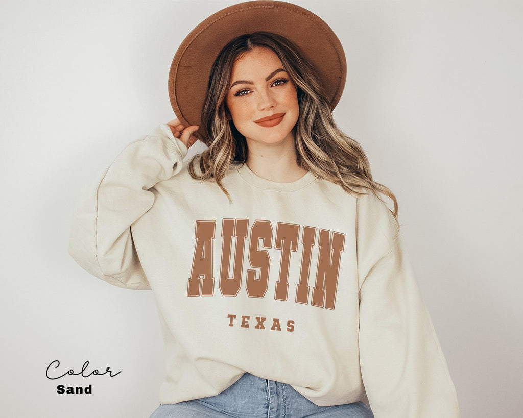 Austin Texas City Sweatshirt, Austin Pullover, Vintage Varsity Aesthetic, Travel Destination, Unisex Crewneck, College Style, Gift for Her