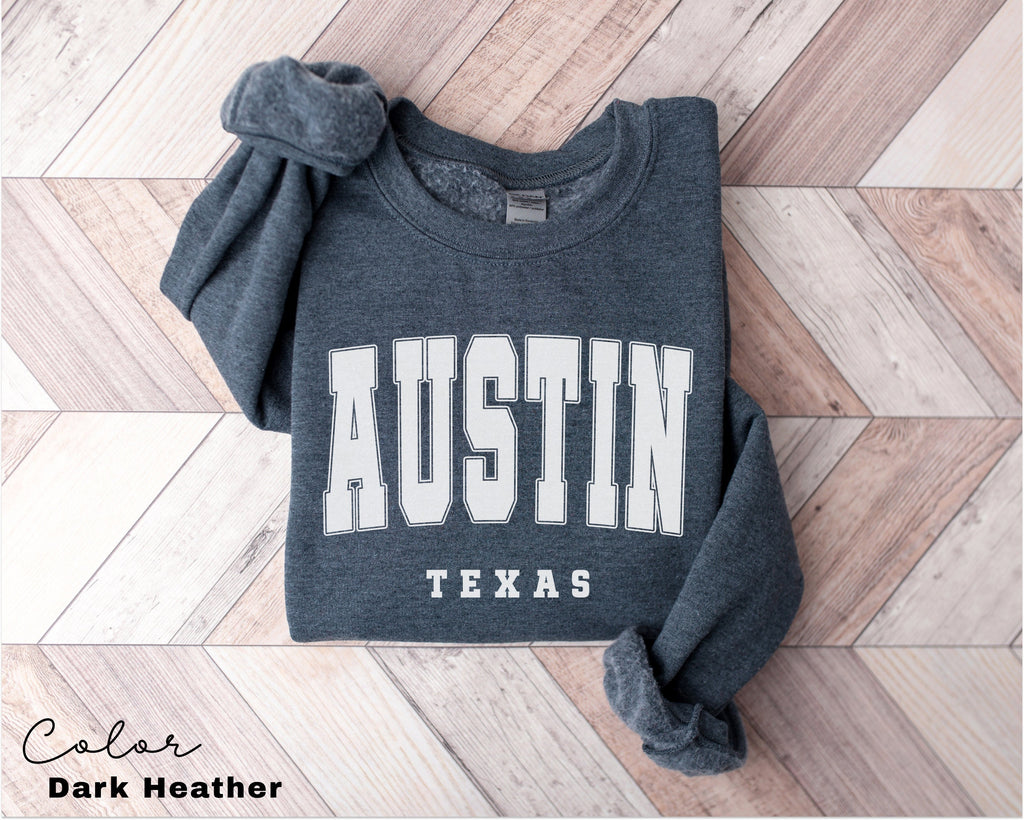 Austin Texas City Sweatshirt, Austin Pullover, Vintage Varsity Aesthetic, Travel Destination, Unisex Crewneck, College Style, Gift for Her