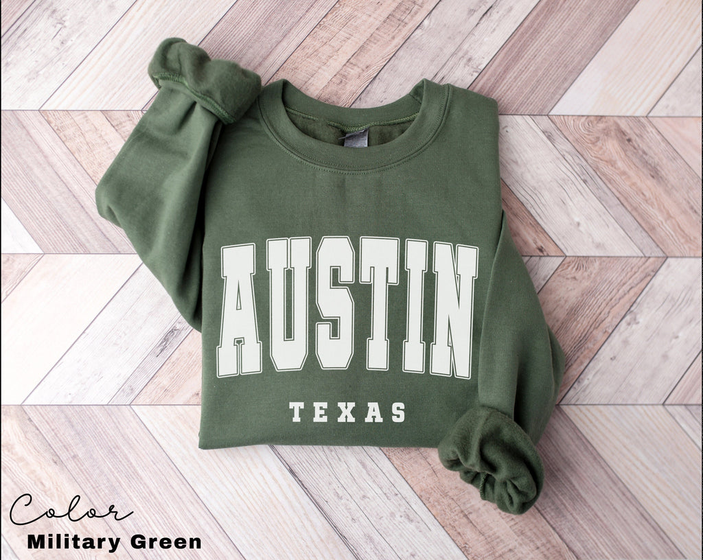 Austin Texas City Sweatshirt, Austin Pullover, Vintage Varsity Aesthetic, Travel Destination, Unisex Crewneck, College Style, Gift for Her