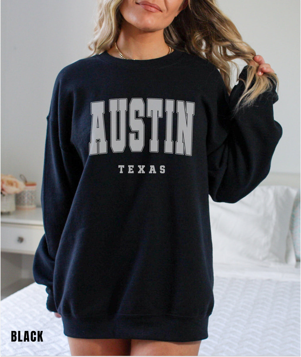 Austin Texas City Sweatshirt, Austin Pullover, Vintage Varsity Aesthetic, Travel Destination, Unisex Crewneck, College Style, Gift for Her
