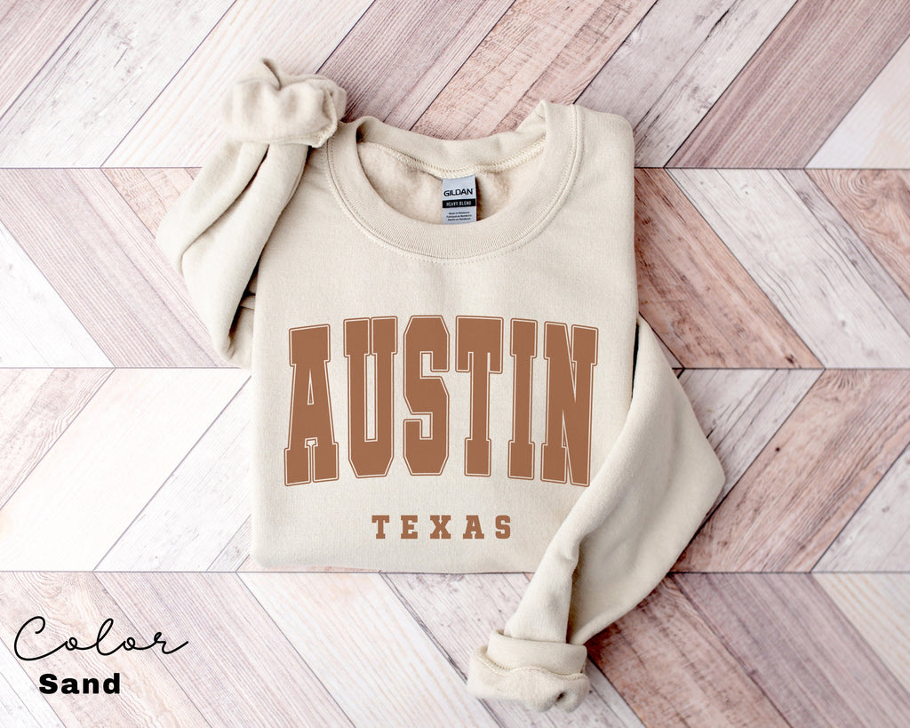 Austin Texas City Sweatshirt, Austin Pullover, Vintage Varsity Aesthetic, Travel Destination, Unisex Crewneck, College Style, Gift for Her