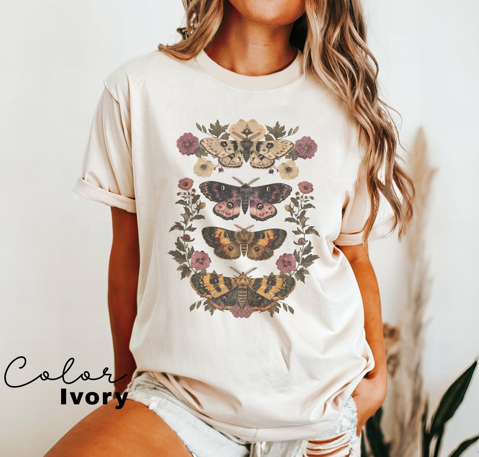 Floral Moth Shirt Cottagecore Tshirt Vintage Top Bug Shirt Insect Shirt Goblincore Clothing Fairycore Oversized Shirt Dark Academia Shirt