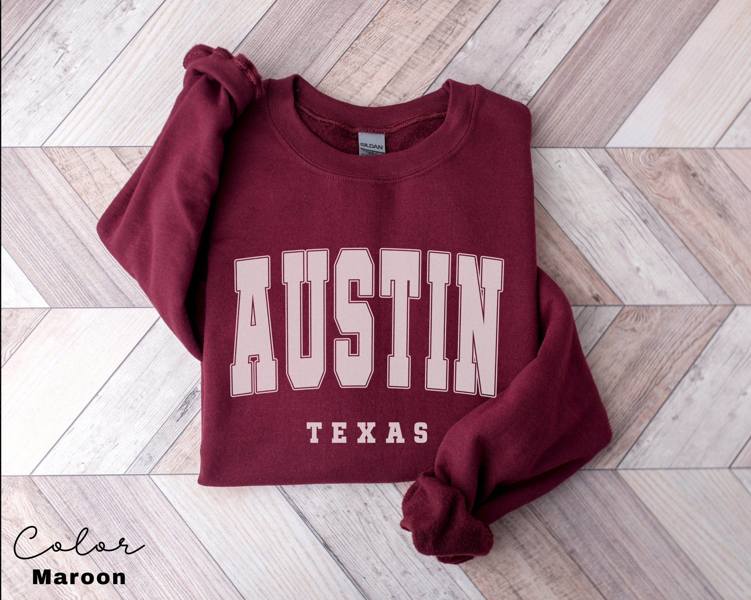 Austin Texas City Sweatshirt, Austin Pullover, Vintage Varsity Aesthetic, Travel Destination, Unisex Crewneck, College Style, Gift for Her