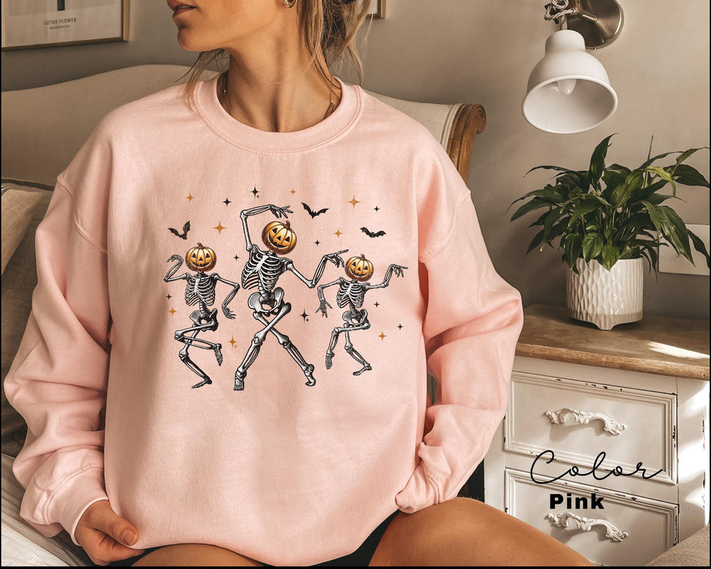 Dancing Skeleton Pumpkin Sweatshirt, Retro Halloween Women's, Halloween Party Crewneck, Spooky Season Skeleton Sweater, Dancing Halloween