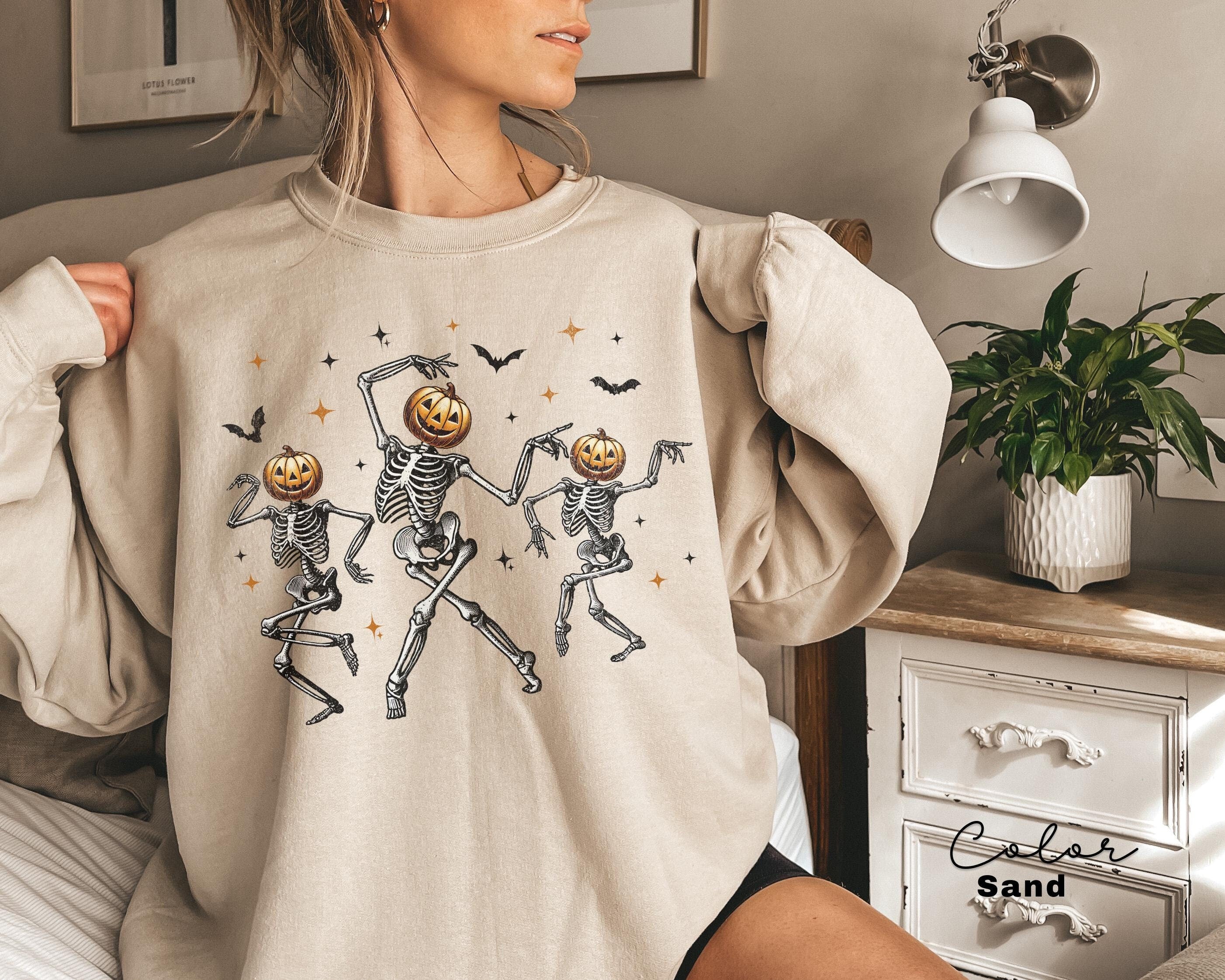 Dancing Skeleton Pumpkin Sweatshirt, Retro Halloween Women's, Halloween Party Crewneck, Spooky Season Skeleton Sweater, Dancing Halloween