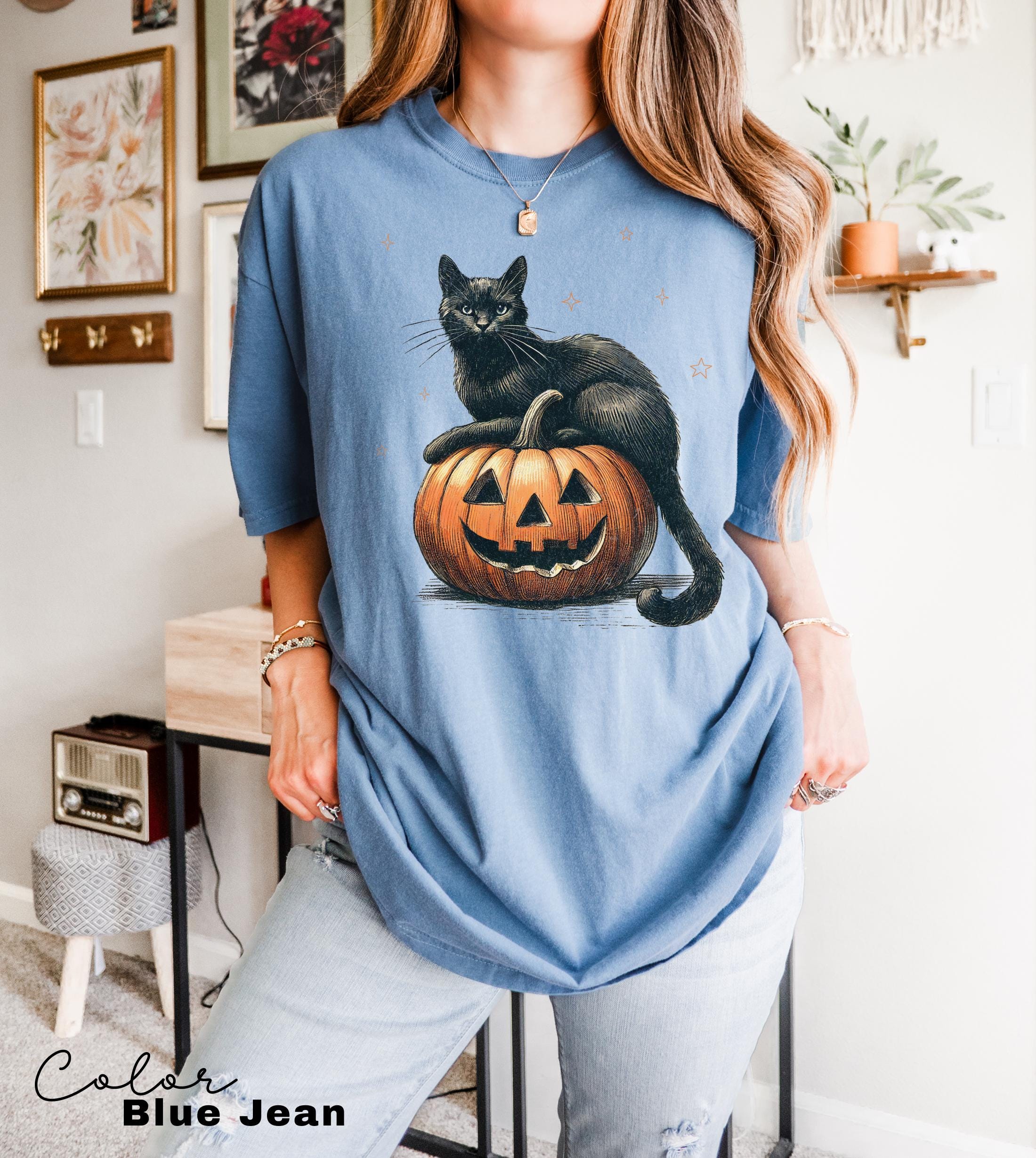 Black Cat on Pumpkin shirt, Comfort Colors shirt for fall, Black Cat t-shirt, Halloween Black Cat Design, Fall Shirt, Vintage 90s, Cat Lover