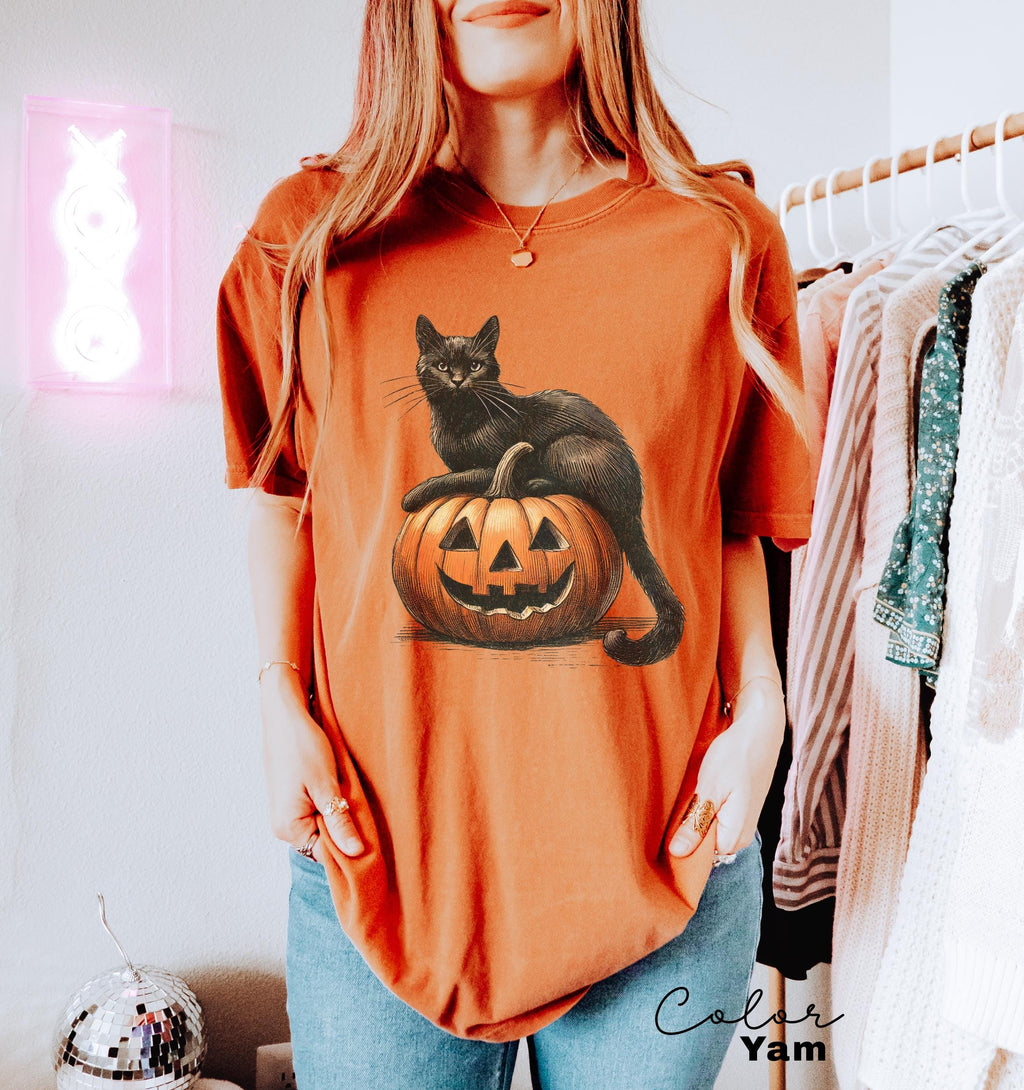 Black Cat on Pumpkin shirt, Comfort Colors shirt for fall, Black Cat t-shirt, Halloween Black Cat Design, Fall Shirt, Vintage 90s, Cat Lover