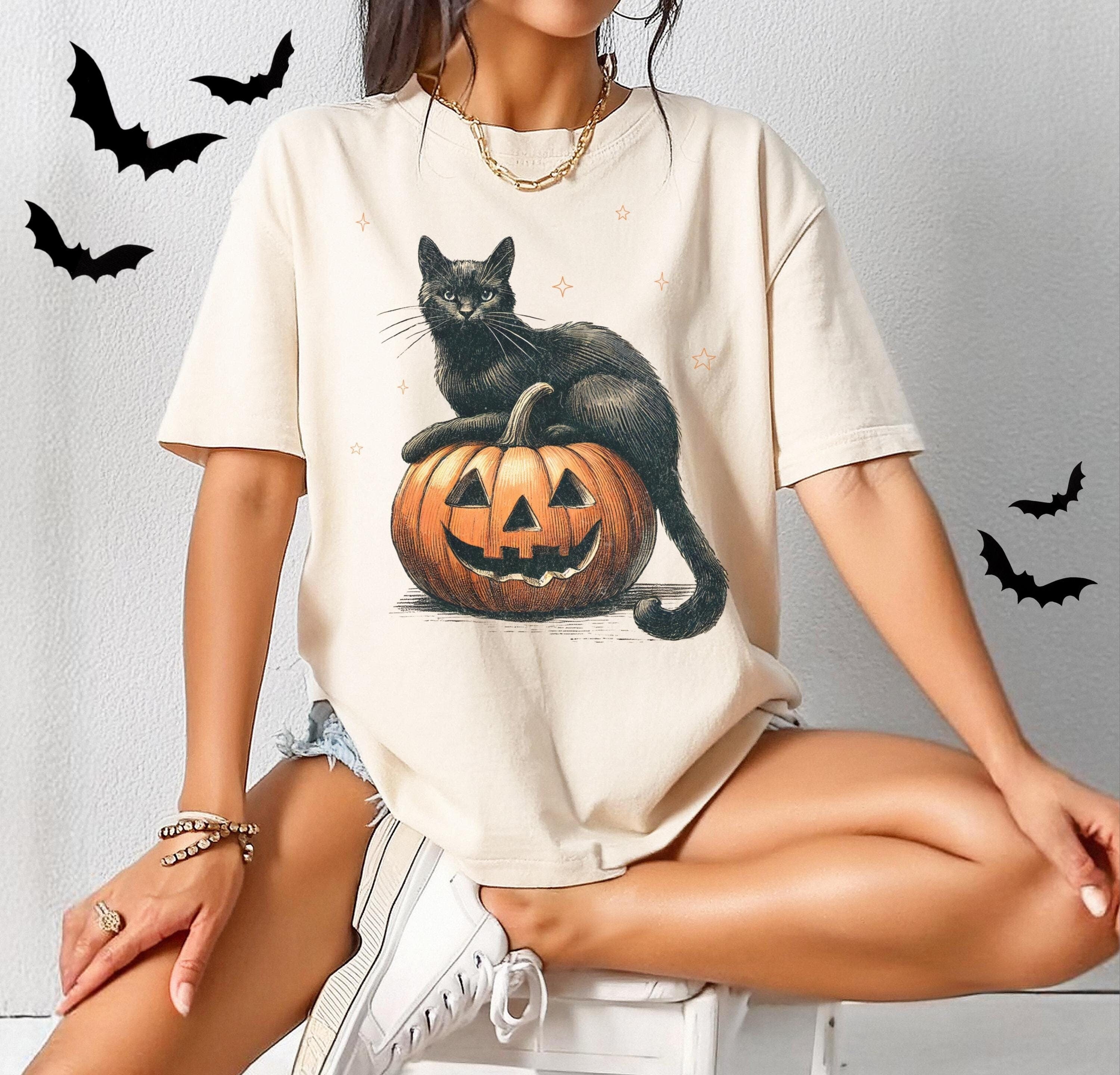 Black Cat on Pumpkin shirt, Comfort Colors shirt for fall, Black Cat t-shirt, Halloween Black Cat Design, Fall Shirt, Vintage 90s, Cat Lover