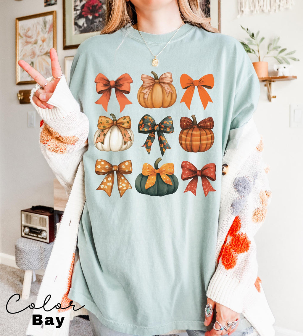 Retro Fall Pumpkin Bow Shirt, Fall Coquette Bow Sweatshirt, Autumn Pumpkin Tee, Fall T-Shirt , Comfort Colors® Shirt, Thanksgiving Shirt