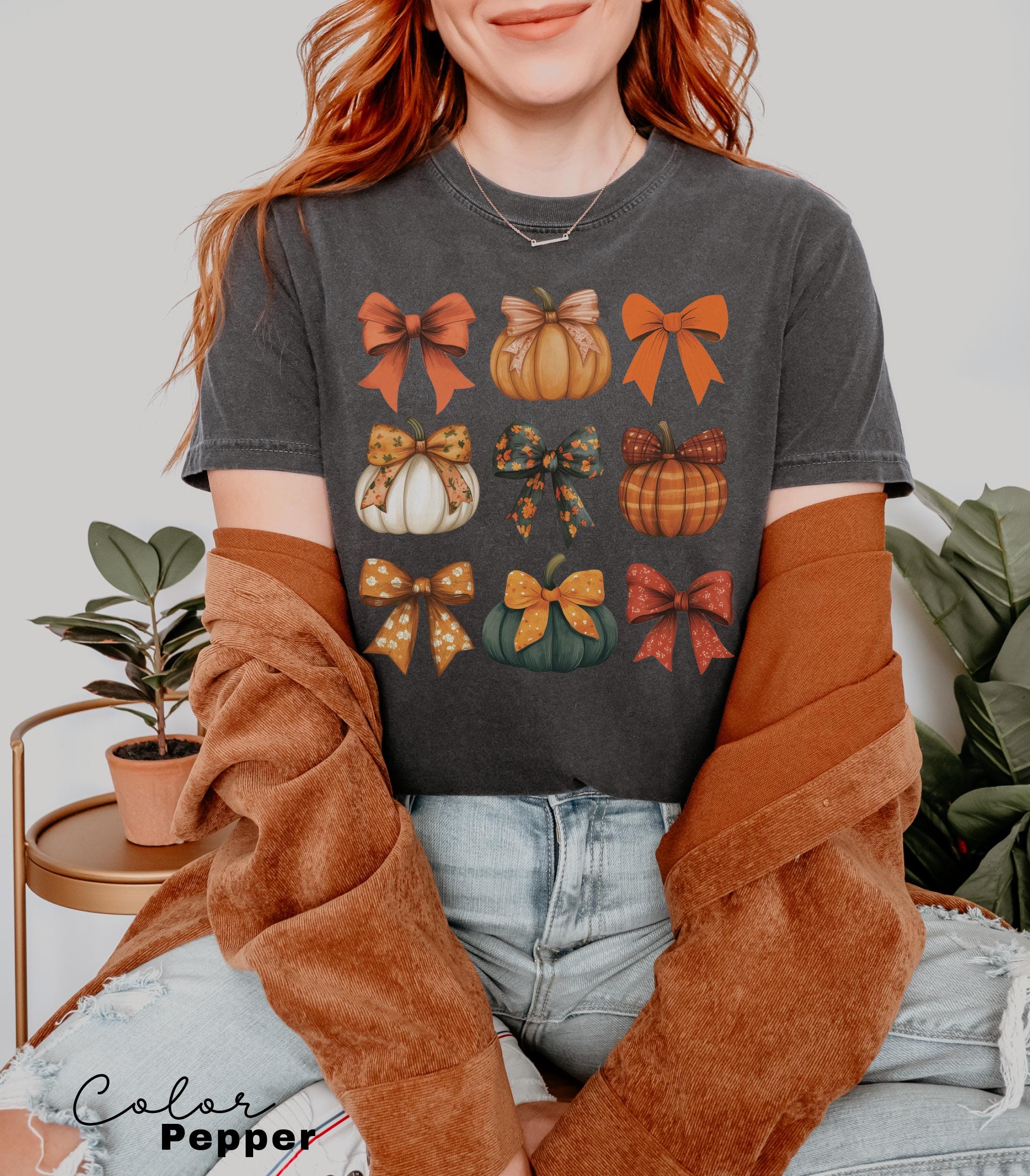 Retro Fall Pumpkin Bow Shirt, Fall Coquette Bow Sweatshirt, Autumn Pumpkin Tee, Fall T-Shirt , Comfort Colors® Shirt, Thanksgiving Shirt