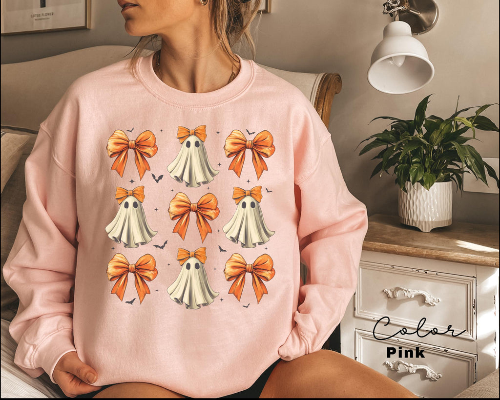Ghost Bow Coquette Sweatshirt, Halloween Coquette Orange Bow, Ghost Halloween, Spooky Season, Girly Halloween Crewneck, Fall Sweatshirt