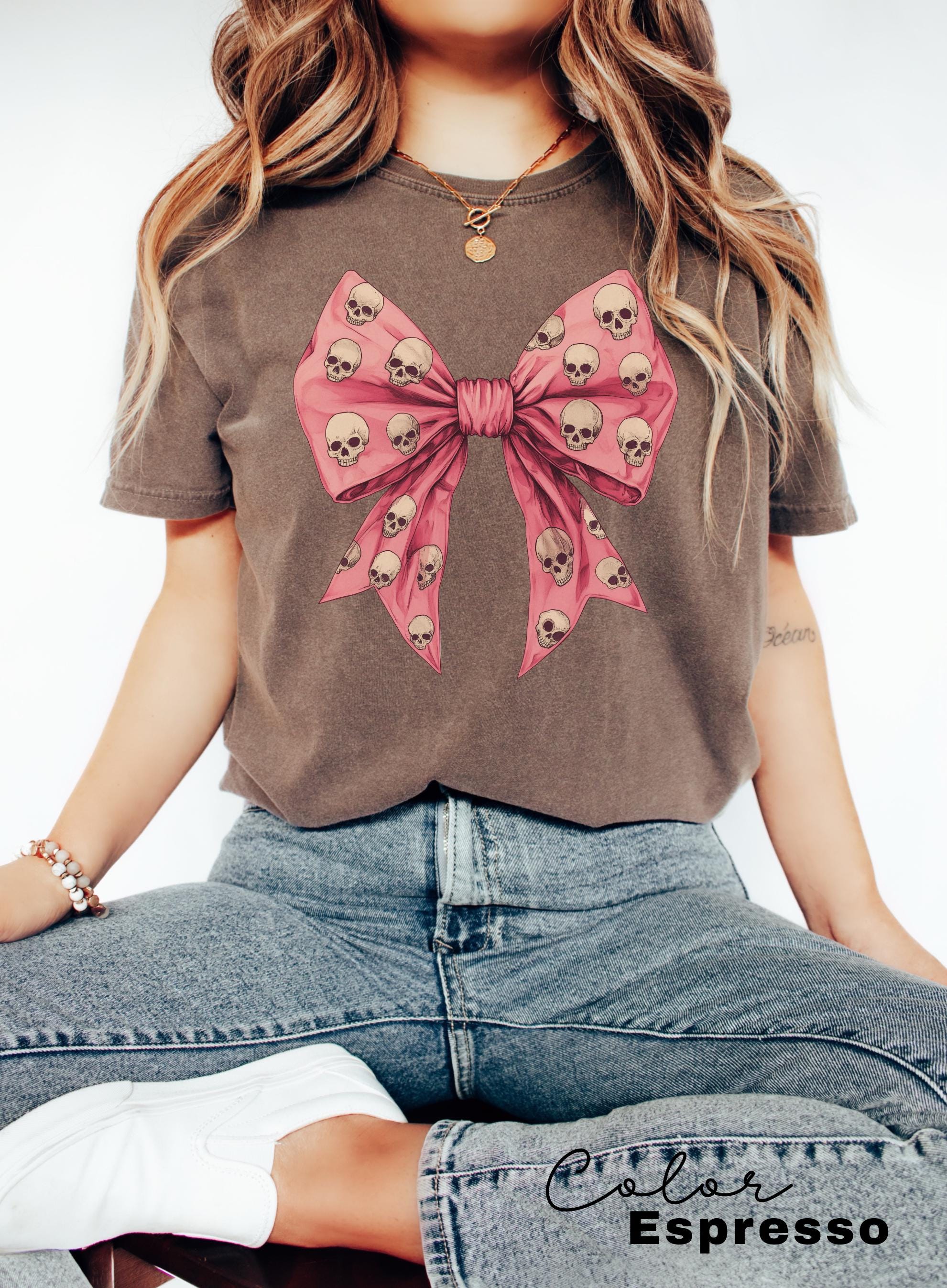 Coquette Halloween Shirt, Coquette Pink Bow Skull Shirts, Halloween Bow Shirt, Pink Coquette Halloween T-Shirt, Pink Spooky Vibes Shirts