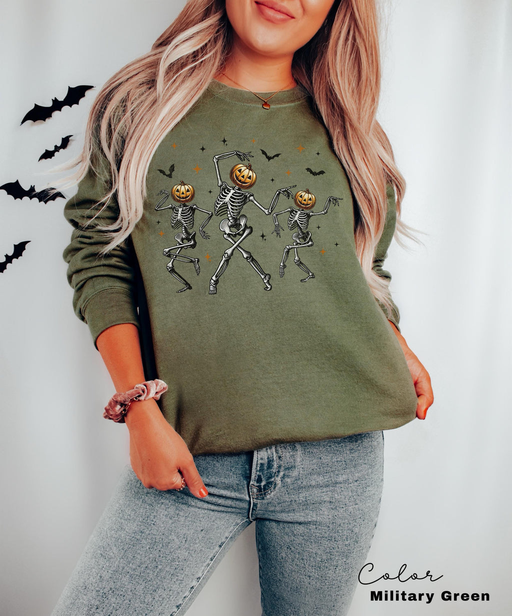 Dancing Skeleton Pumpkin Sweatshirt, Retro Halloween Women's, Halloween Party Crewneck, Spooky Season Skeleton Sweater, Dancing Halloween