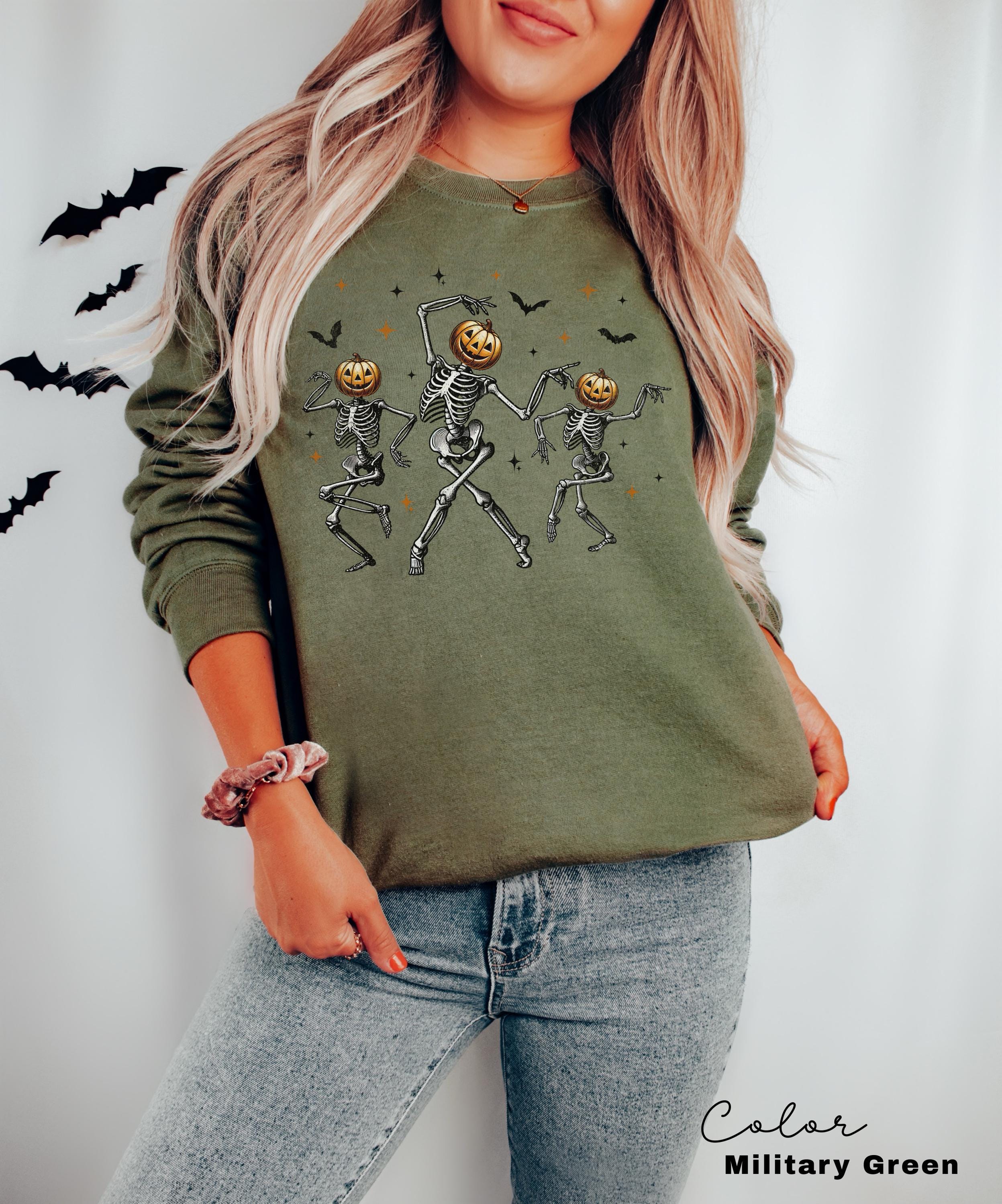 Dancing Skeleton Pumpkin Sweatshirt, Retro Halloween Women's, Halloween Party Crewneck, Spooky Season Skeleton Sweater, Dancing Halloween