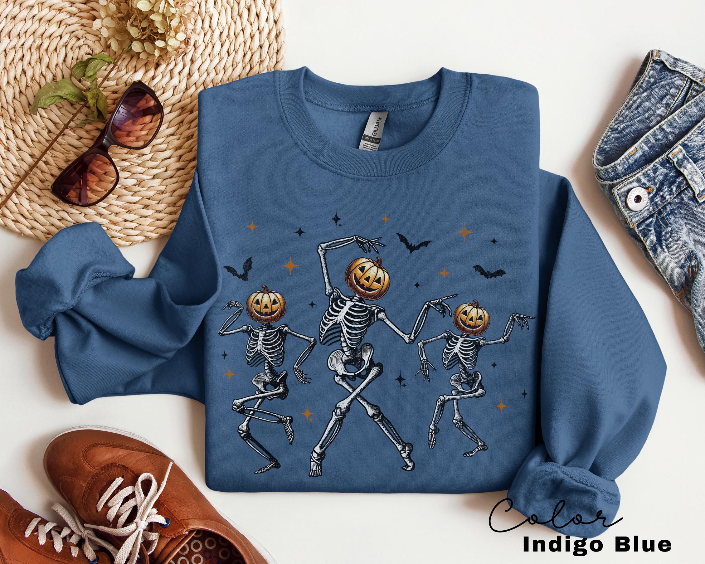 Dancing Skeleton Pumpkin Sweatshirt, Retro Halloween Women's, Halloween Party Crewneck, Spooky Season Skeleton Sweater, Dancing Halloween