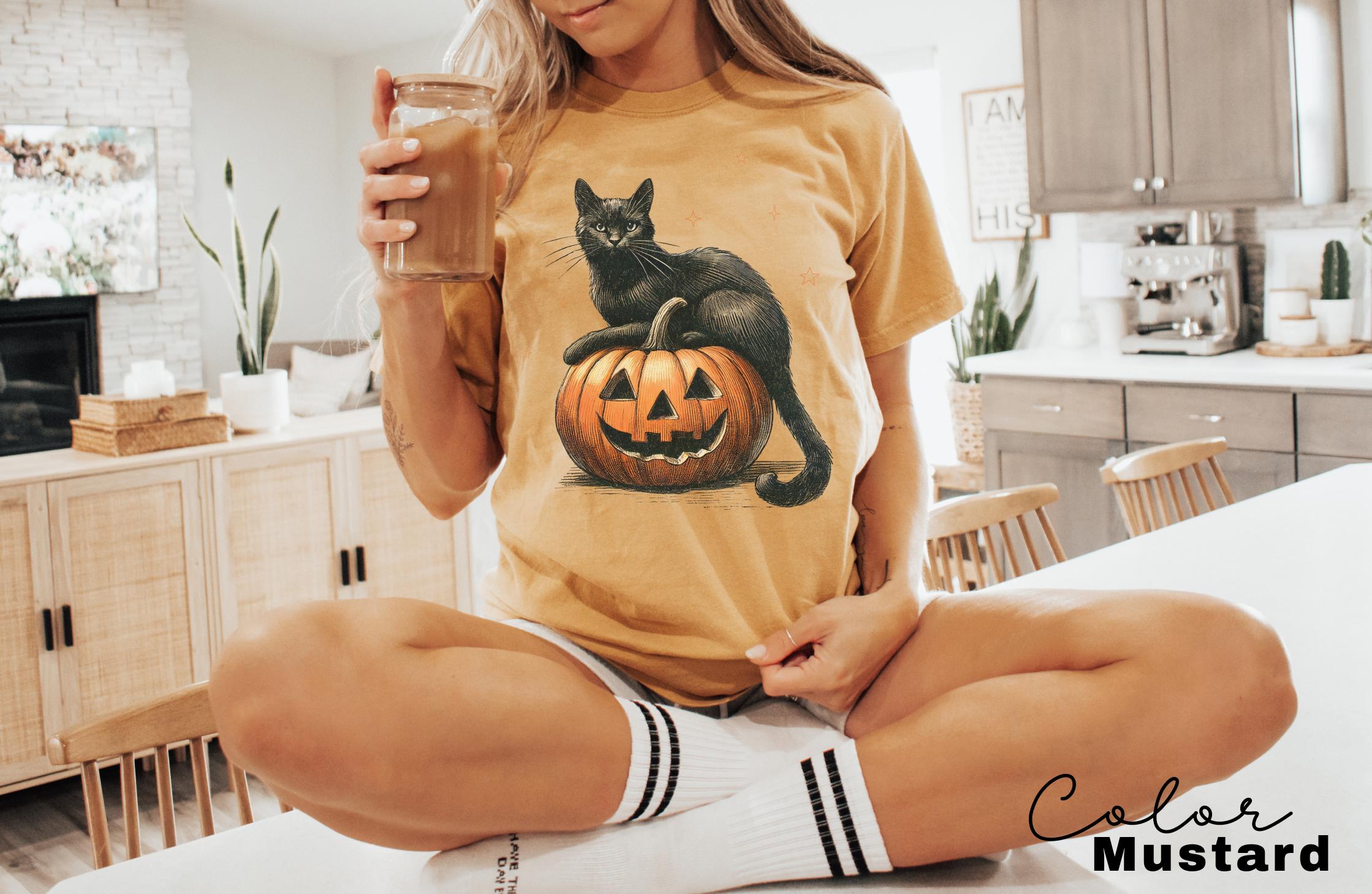 Black Cat on Pumpkin shirt, Comfort Colors shirt for fall, Black Cat t-shirt, Halloween Black Cat Design, Fall Shirt, Vintage 90s, Cat Lover