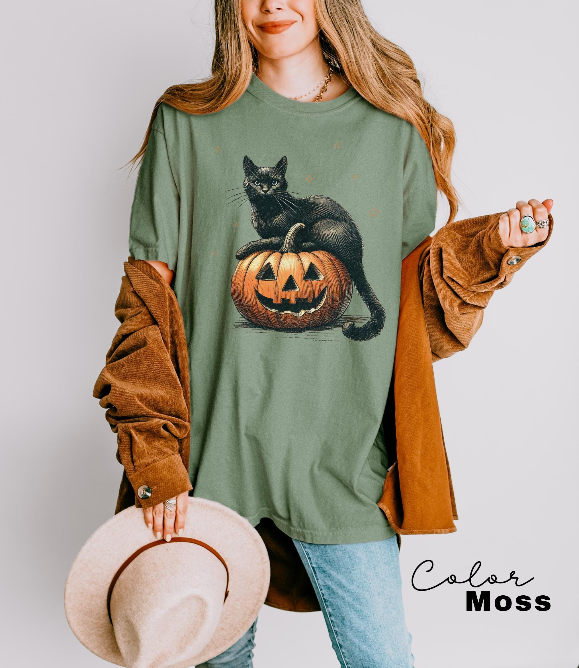Black Cat on Pumpkin shirt, Comfort Colors shirt for fall, Black Cat t-shirt, Halloween Black Cat Design, Fall Shirt, Vintage 90s, Cat Lover