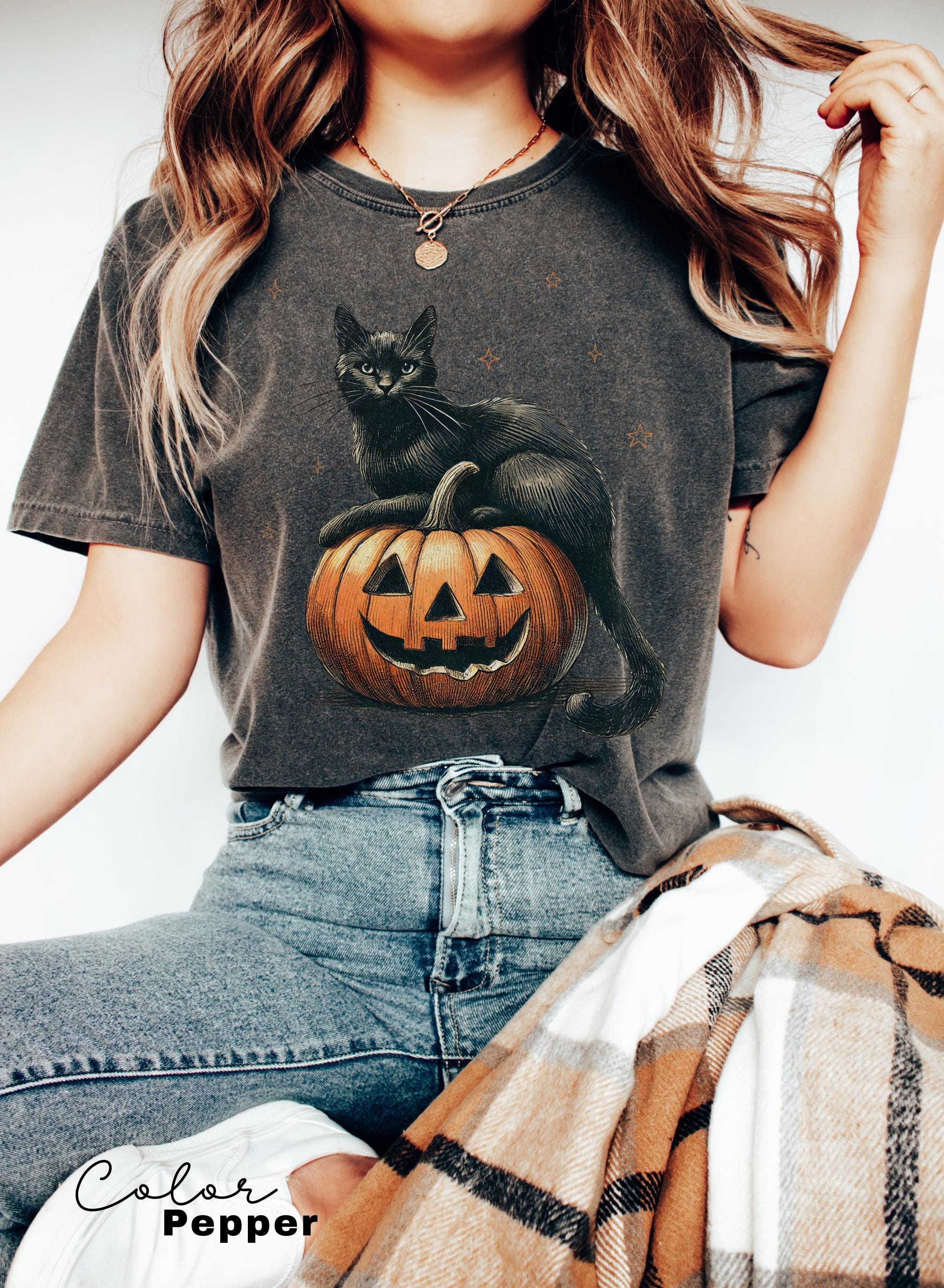 Black Cat on Pumpkin shirt, Comfort Colors shirt for fall, Black Cat t-shirt, Halloween Black Cat Design, Fall Shirt, Vintage 90s, Cat Lover