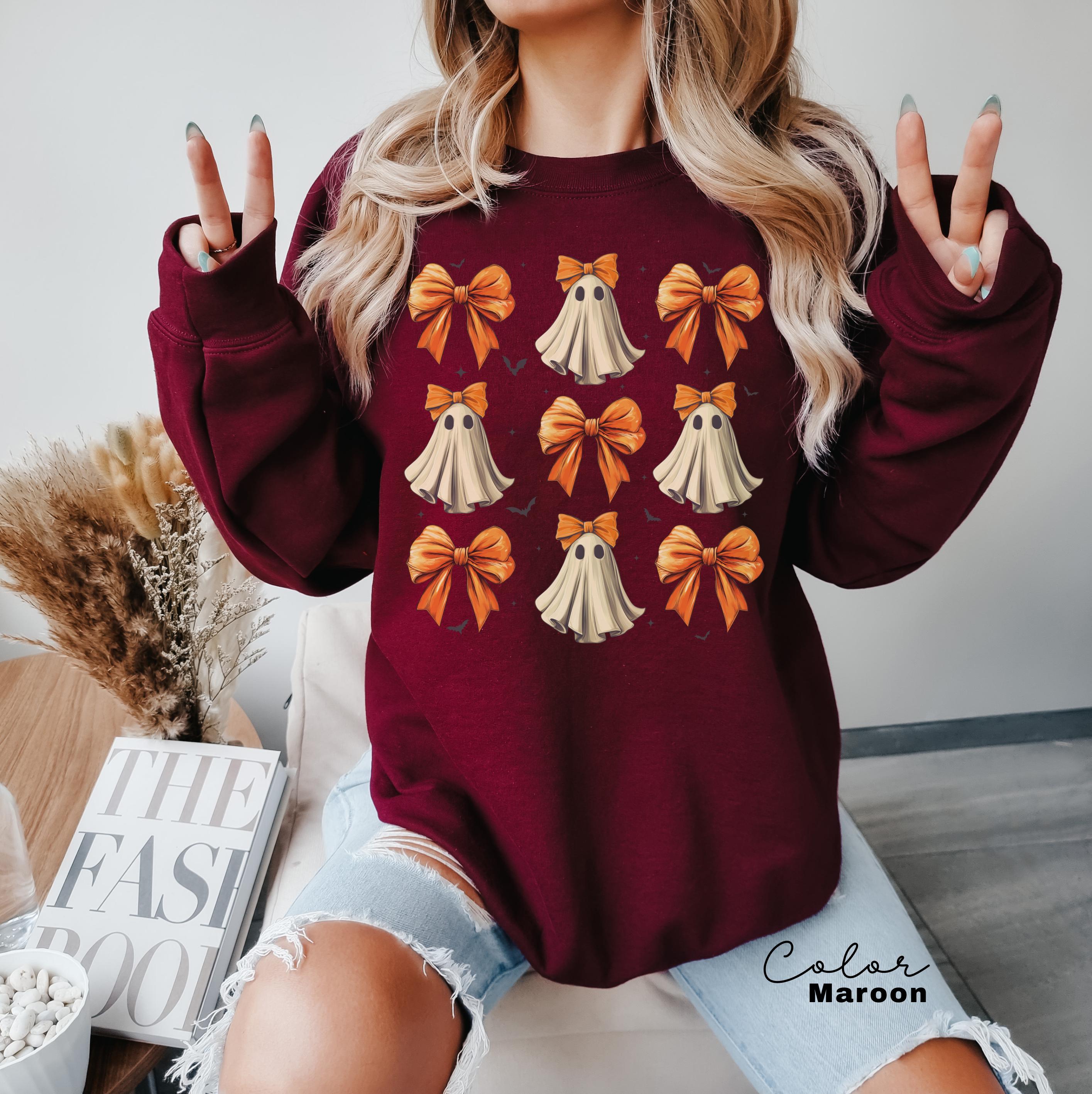 Ghost Bow Coquette Sweatshirt, Halloween Coquette Orange Bow, Ghost Halloween, Spooky Season, Girly Halloween Crewneck, Fall Sweatshirt