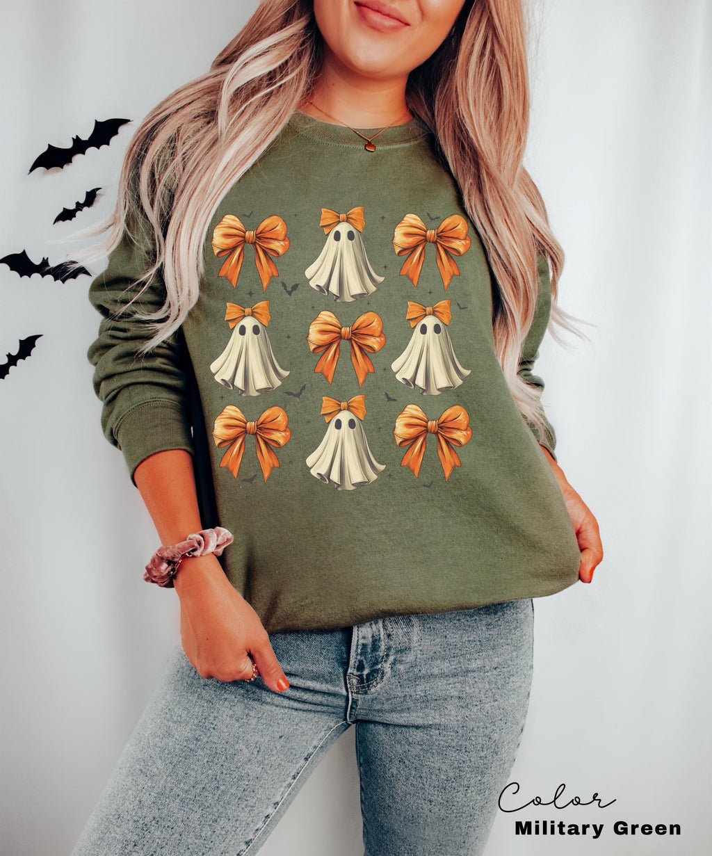 Ghost Bow Coquette Sweatshirt, Halloween Coquette Orange Bow, Ghost Halloween, Spooky Season, Girly Halloween Crewneck, Fall Sweatshirt