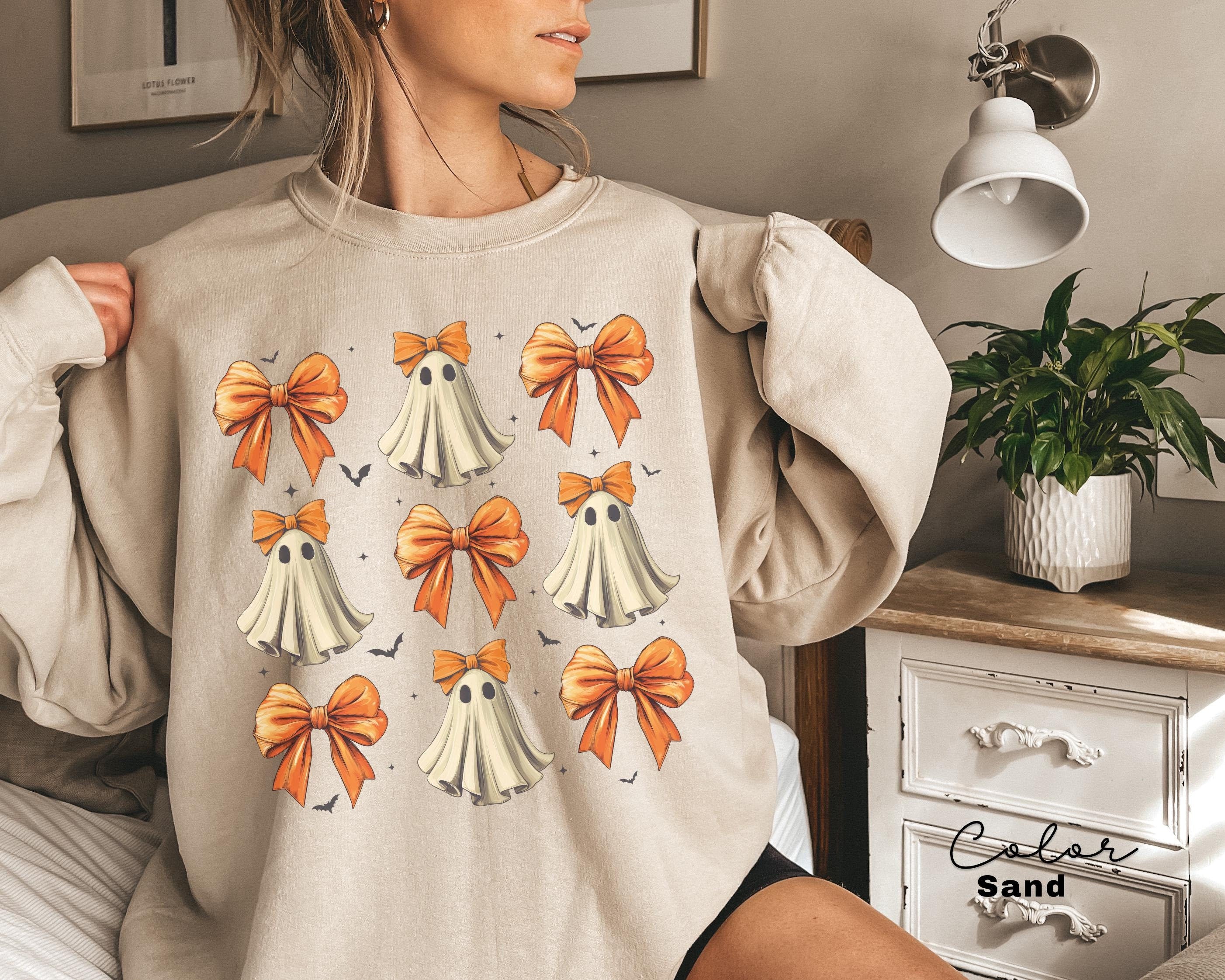 Ghost Bow Coquette Sweatshirt, Halloween Coquette Orange Bow, Ghost Halloween, Spooky Season, Girly Halloween Crewneck, Fall Sweatshirt