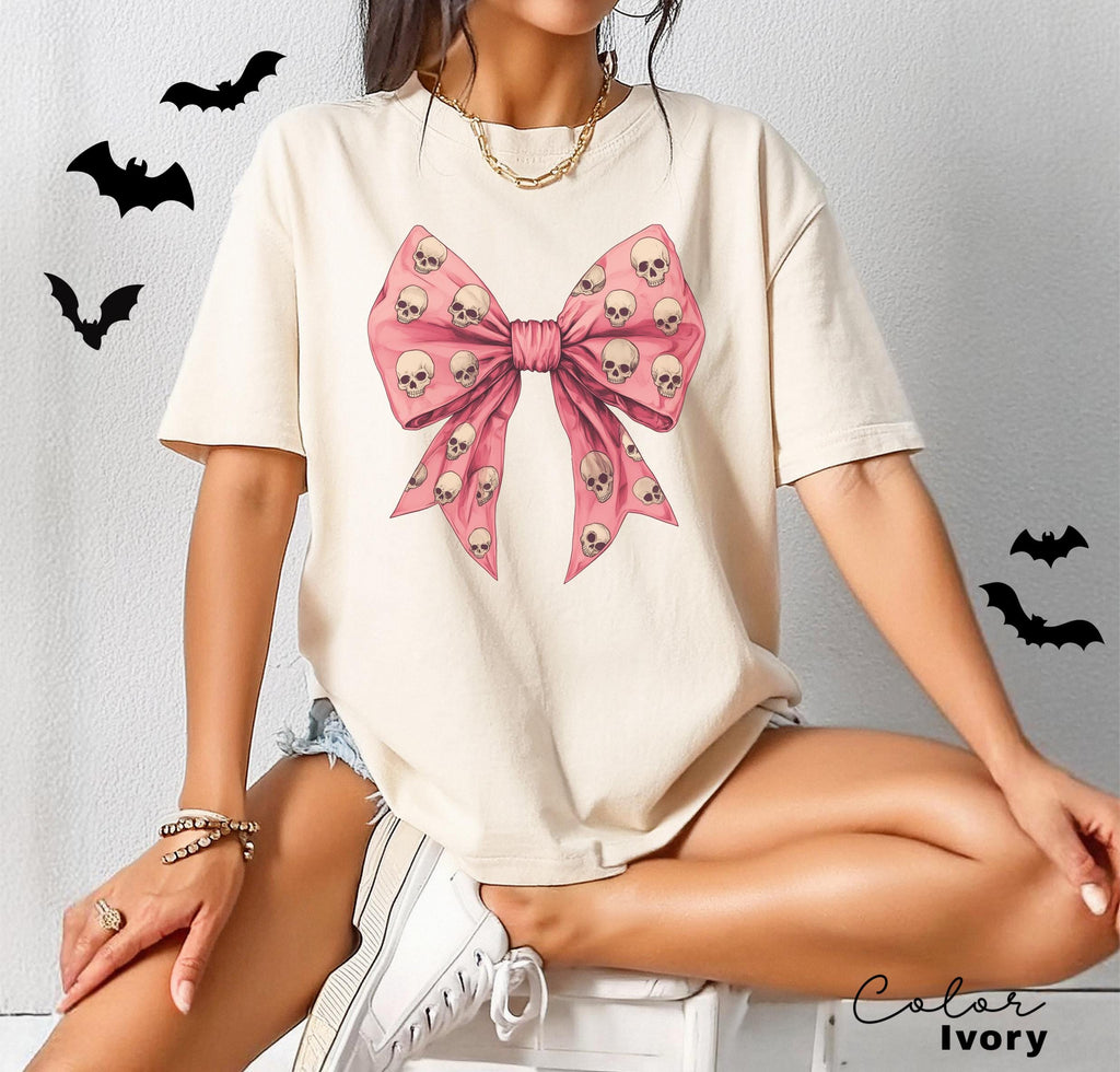 Coquette Halloween Shirt, Coquette Pink Bow Skull Shirts, Halloween Bow Shirt, Pink Coquette Halloween T-Shirt, Pink Spooky Vibes Shirts