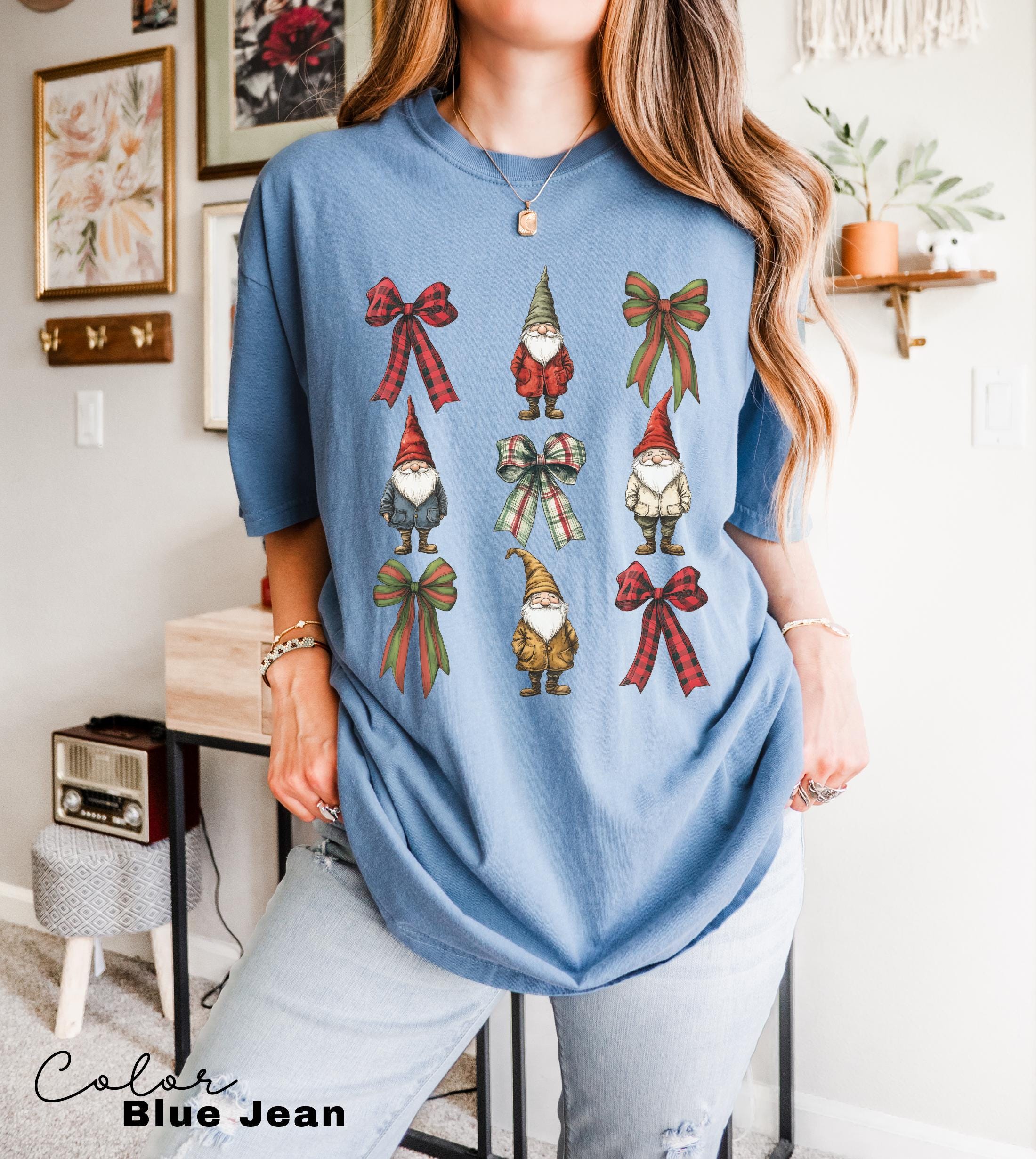 Coquette Christmas Bow Shirt, Gnome Christmas Shirt, Holiday Shirt, Cute Winter Shirt, Women's Holiday Party Shirt, Retro Christmas,