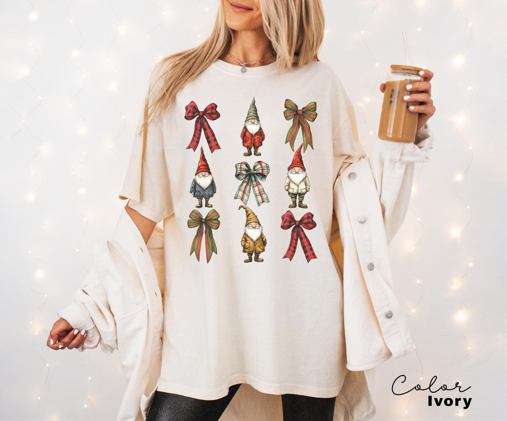 Coquette Christmas Bow Shirt, Gnome Christmas Shirt, Holiday Shirt, Cute Winter Shirt, Women's Holiday Party Shirt, Retro Christmas,