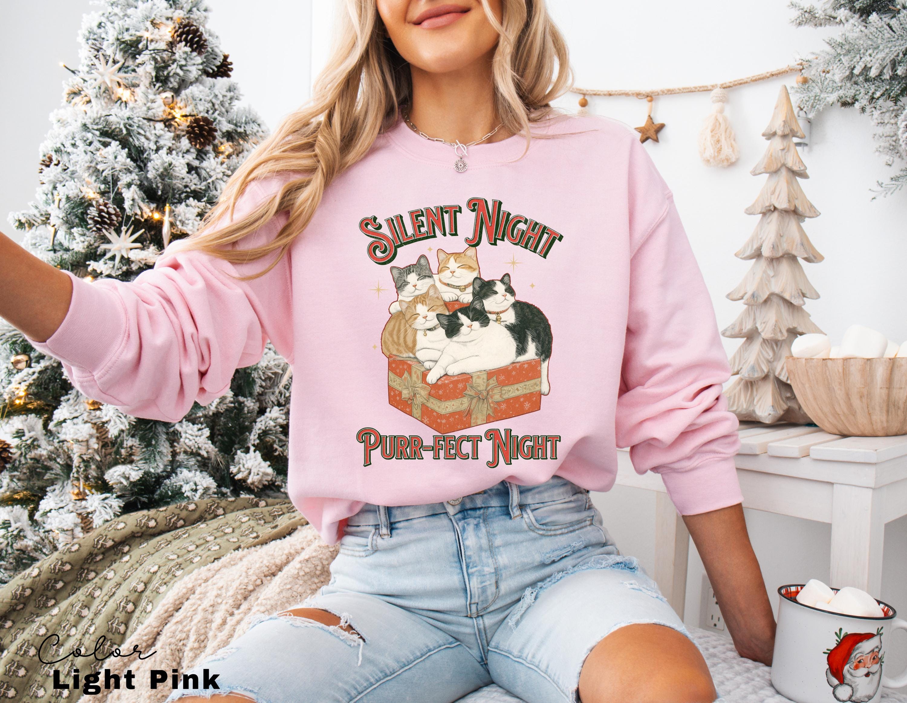 Meowy Christmas Cat Sweatshirt, Silent Night Purrfect Night, Happy Cat Year Shirt,Funny Christmas Cat Shirt, Cat Lover Gift, Cat Xmas