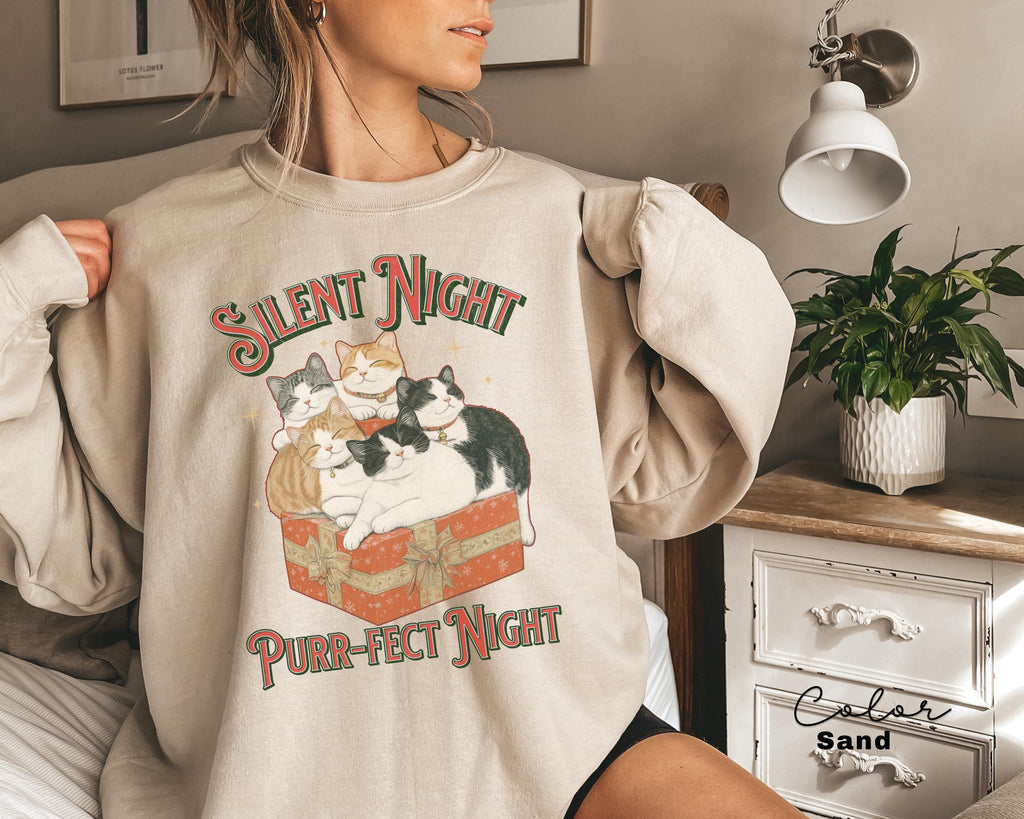 Meowy Christmas Cat Sweatshirt, Silent Night Purrfect Night, Happy Cat Year Shirt,Funny Christmas Cat Shirt, Cat Lover Gift, Cat Xmas